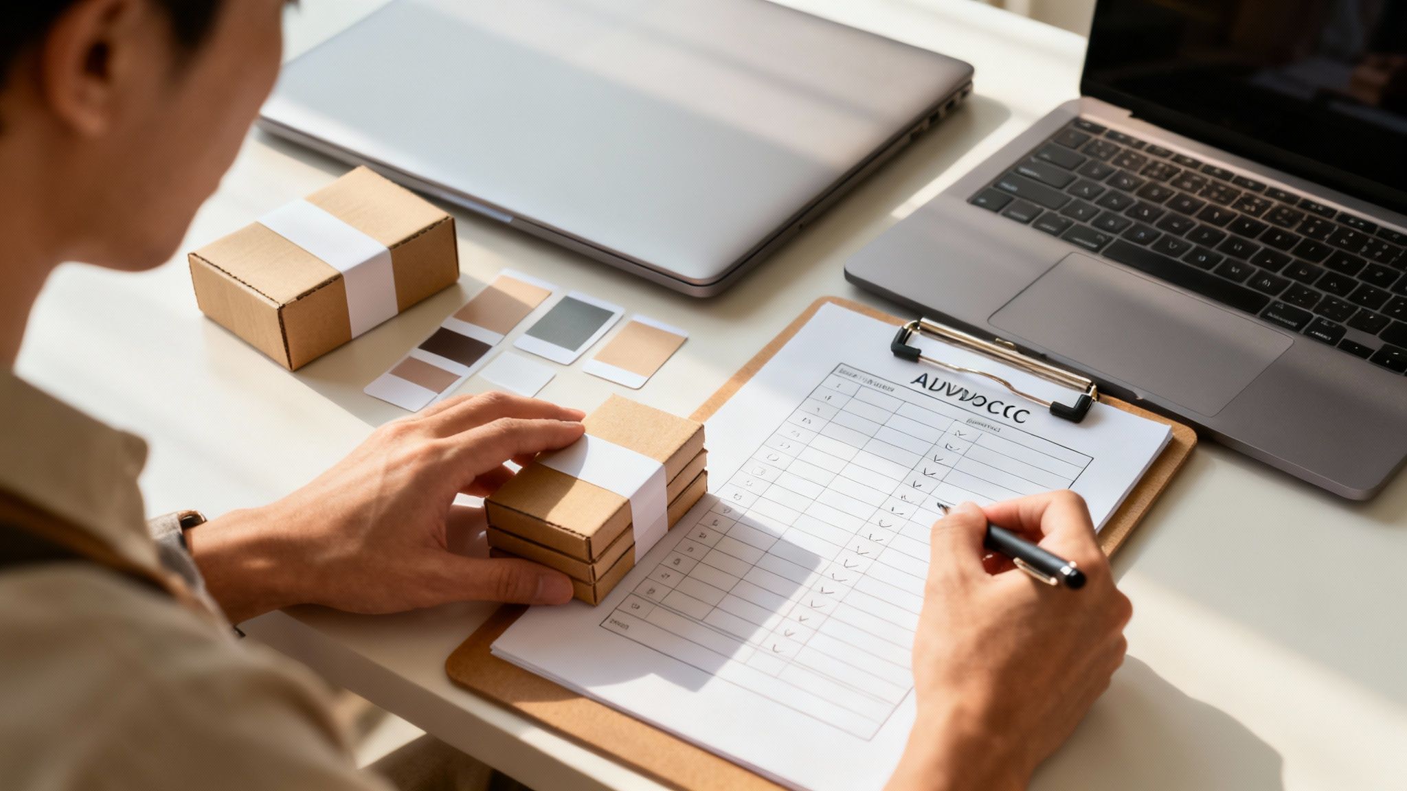 A person's hands carefully packing a sustainable box with tea products.