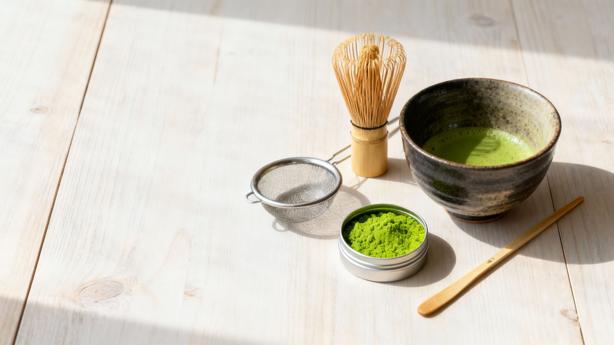 A flat lay of essential matcha tools on a dark surface, including a bamboo whisk, scoop, and a bowl with matcha powder