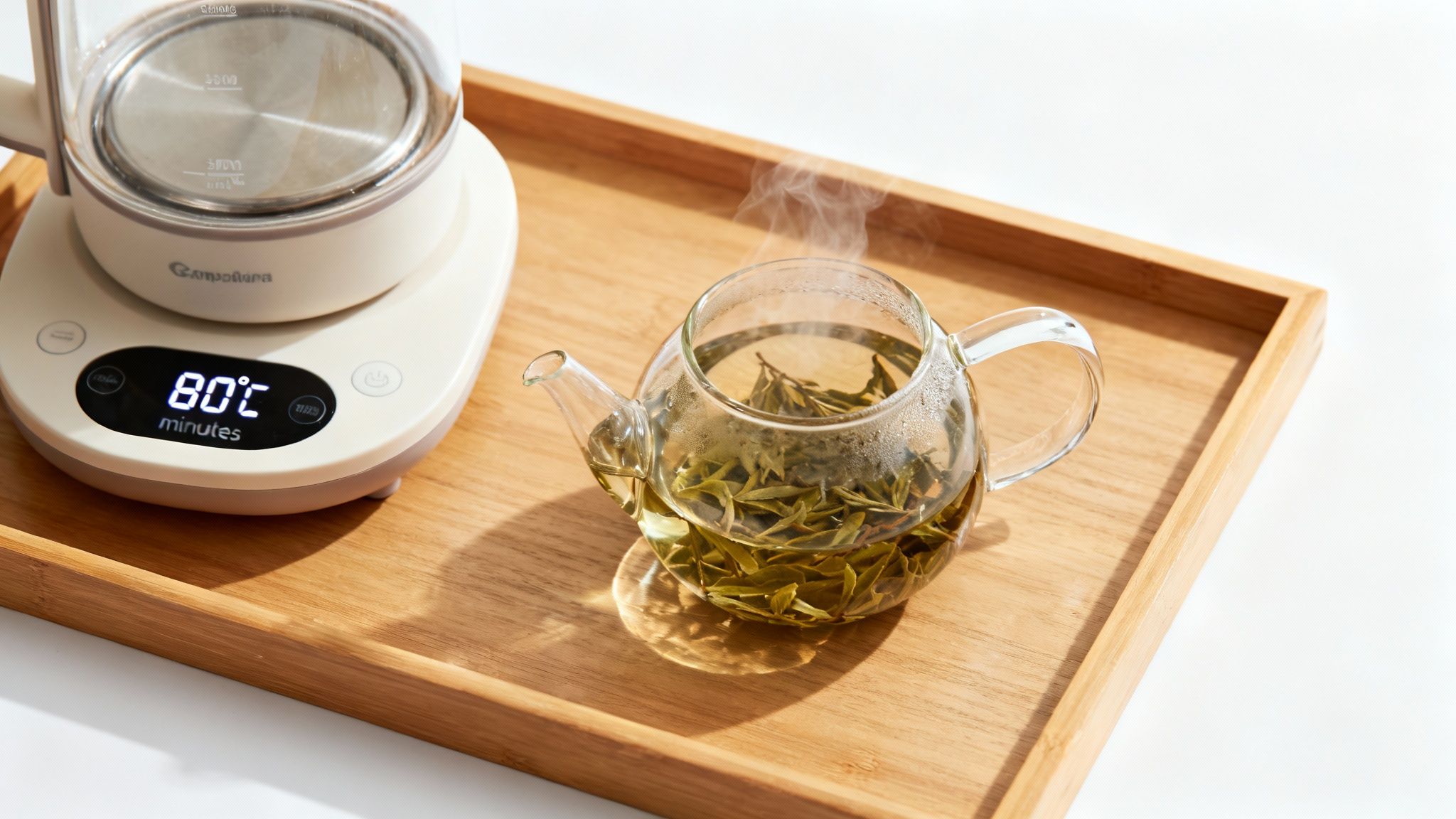 A person carefully pouring hot water from a kettle into a teapot with loose tea leaves.
