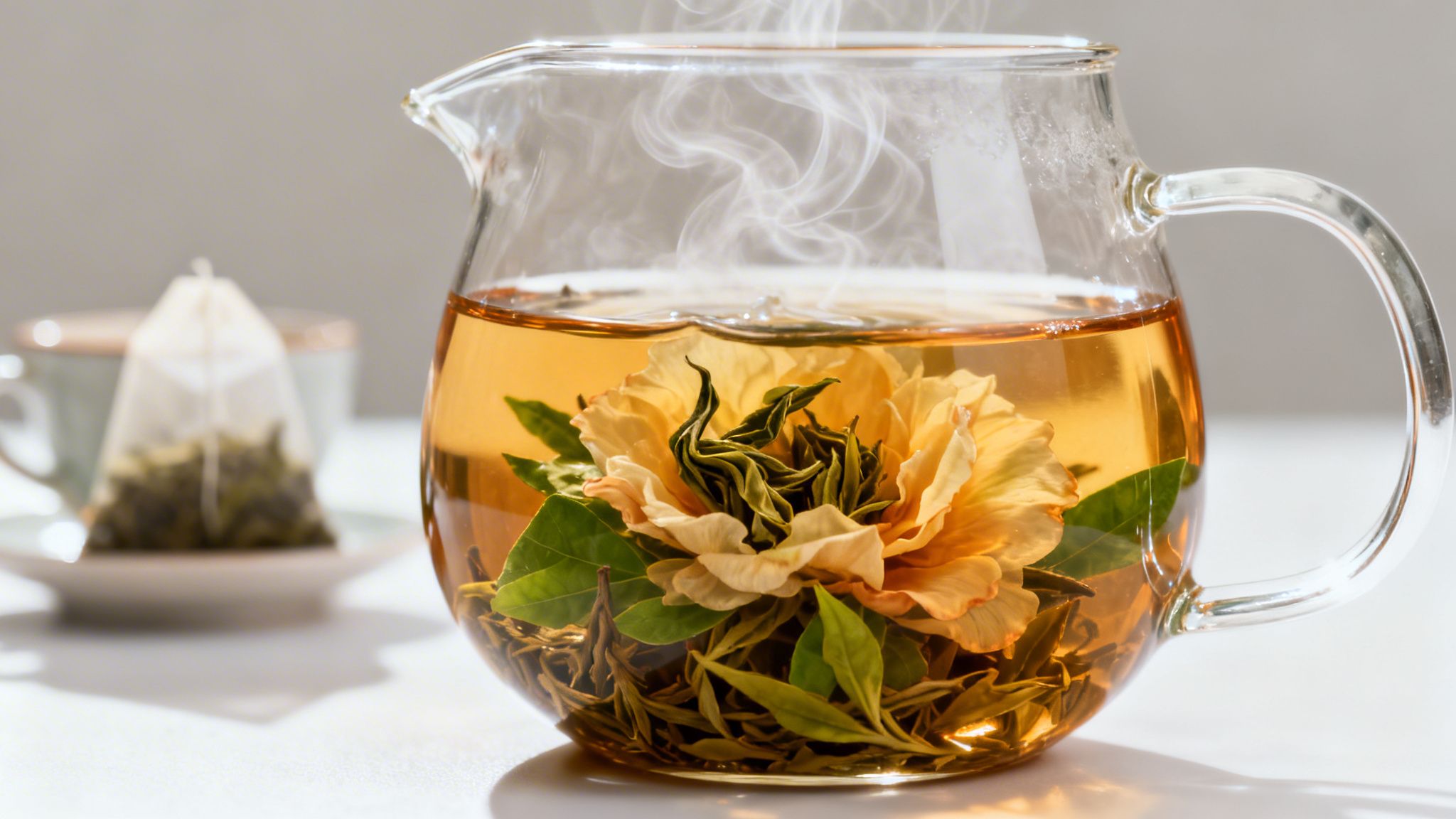 Steaming glass teapot with blooming loose leaf tea, contrasting with a blurry tea bag in the background.