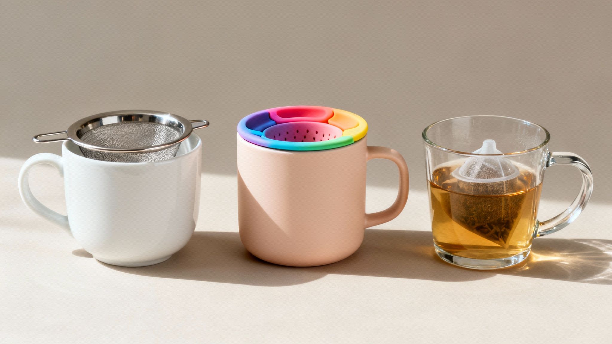 Three different tea steeping methods: a metal strainer, a silicone infuser, and a pyramid tea bag.