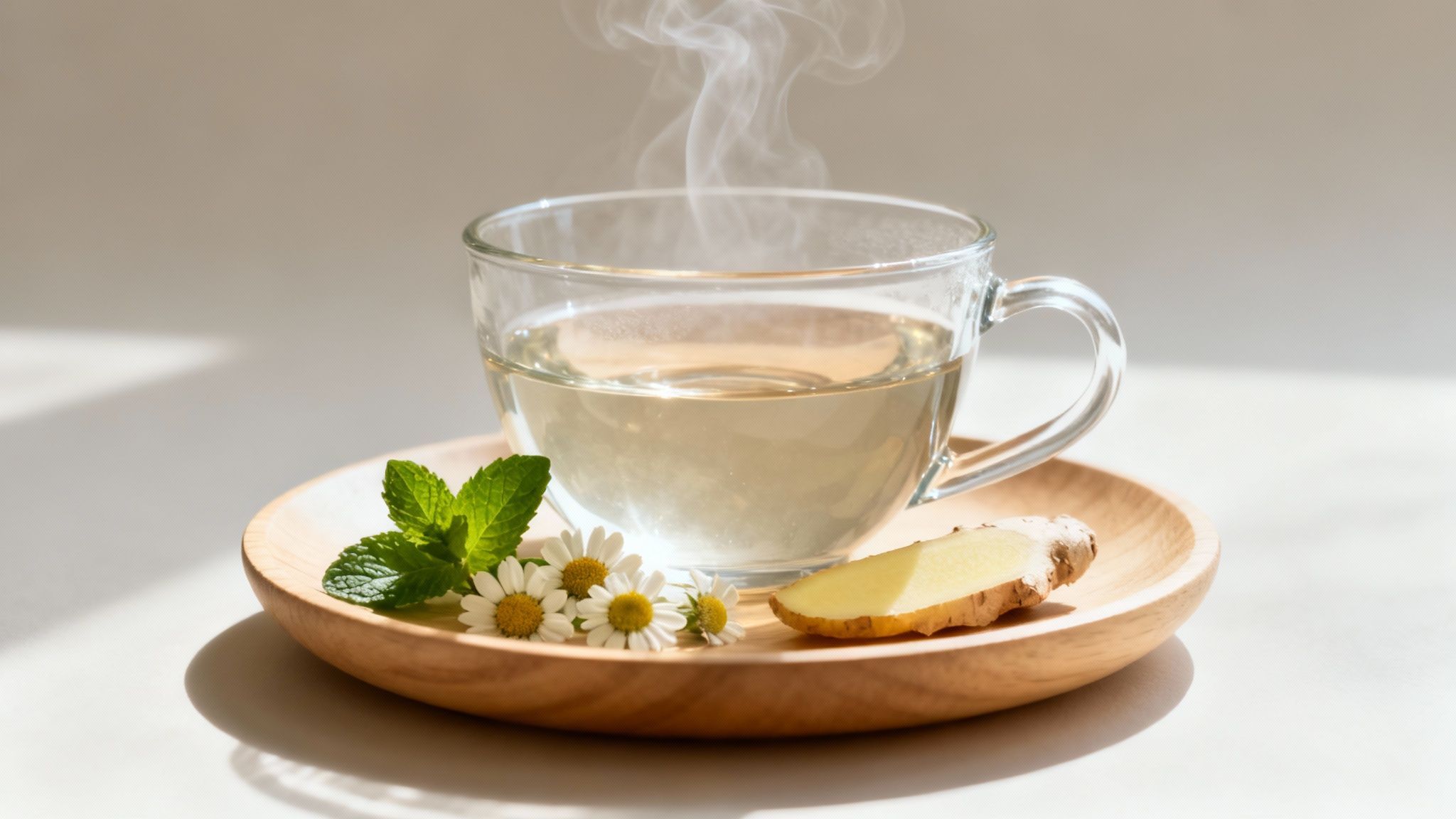 A collection of dried flowers and herbs for making tea spread on a wooden table.