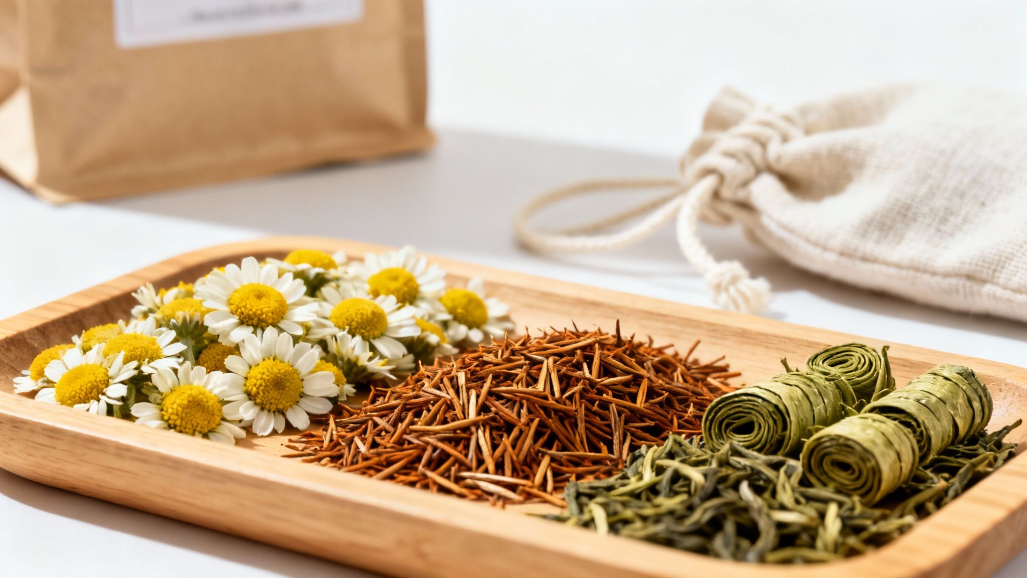 A wooden tray displays fresh chamomile, dried rooibos, and green tea leaves, with packaging in background.