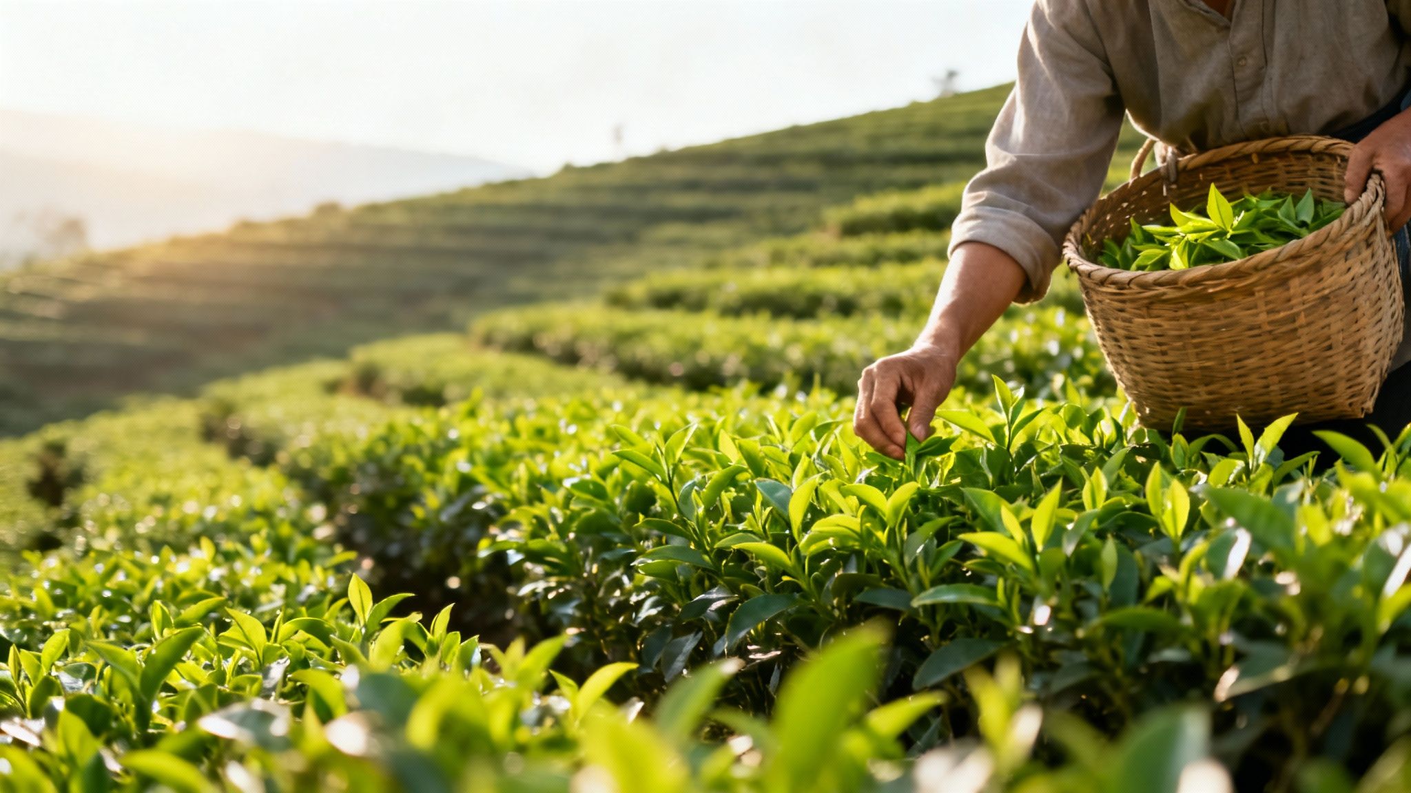 Close-up of a person's hand picking fresh green tea leaves into a woven basket in a sunlit plantation.