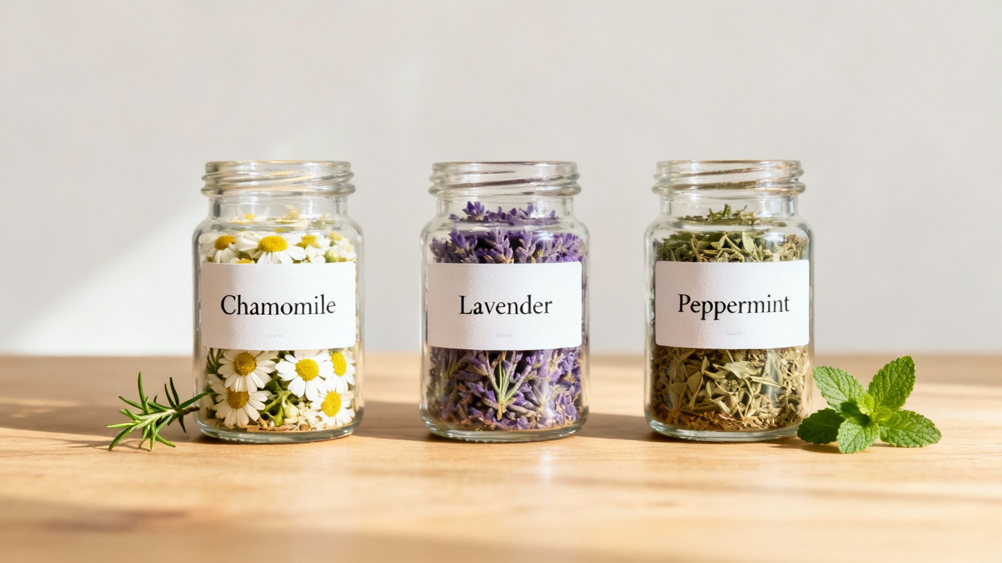 A cup of herbal tea surrounded by loose chamomile flowers and lavender sprigs, creating a calming visual.