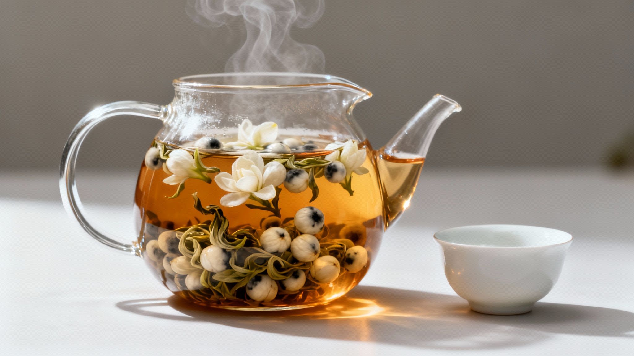 A person pouring hot water from a kettle into a glass teapot with jasmine tea leaves.