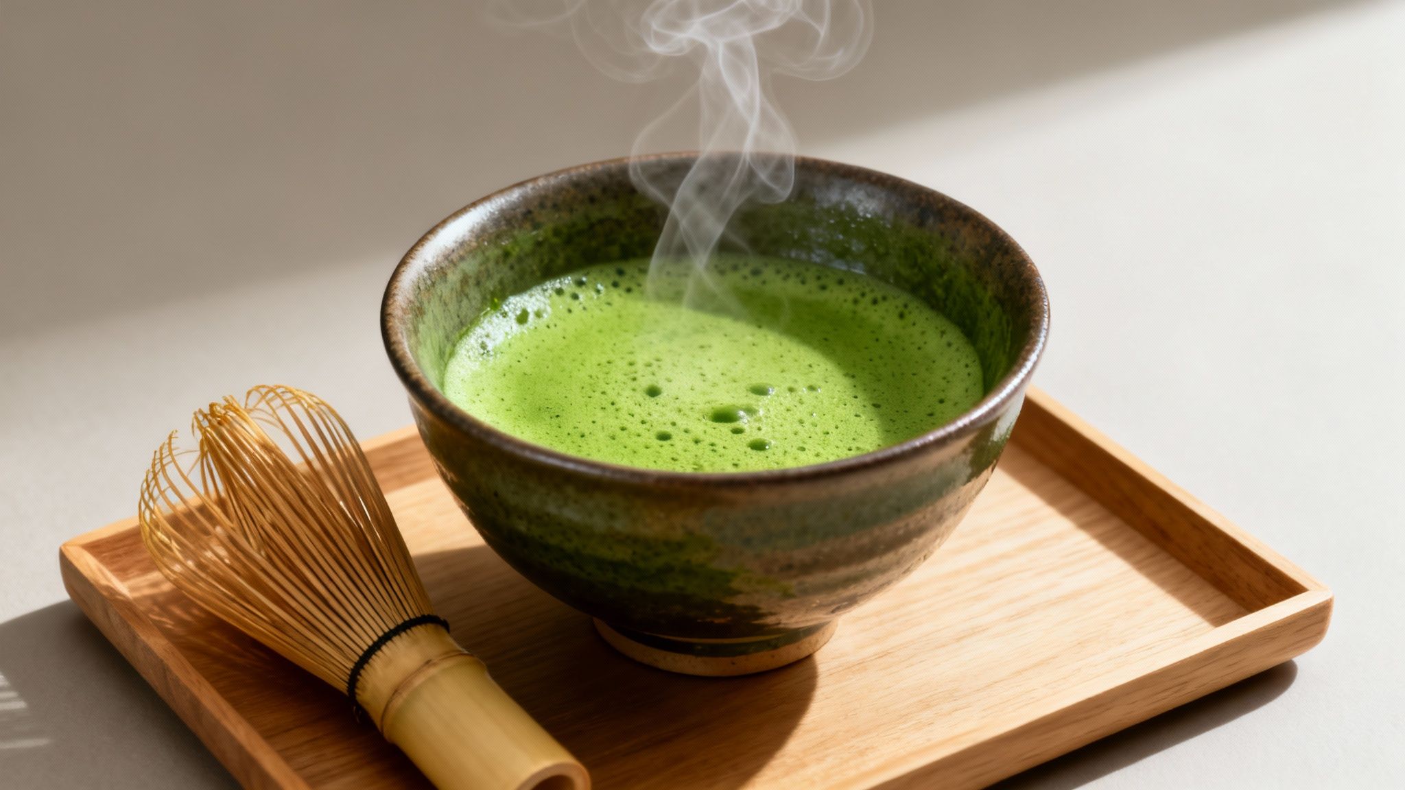 A steaming bowl of vibrant green matcha tea with a traditional bamboo whisk on a wooden tray.