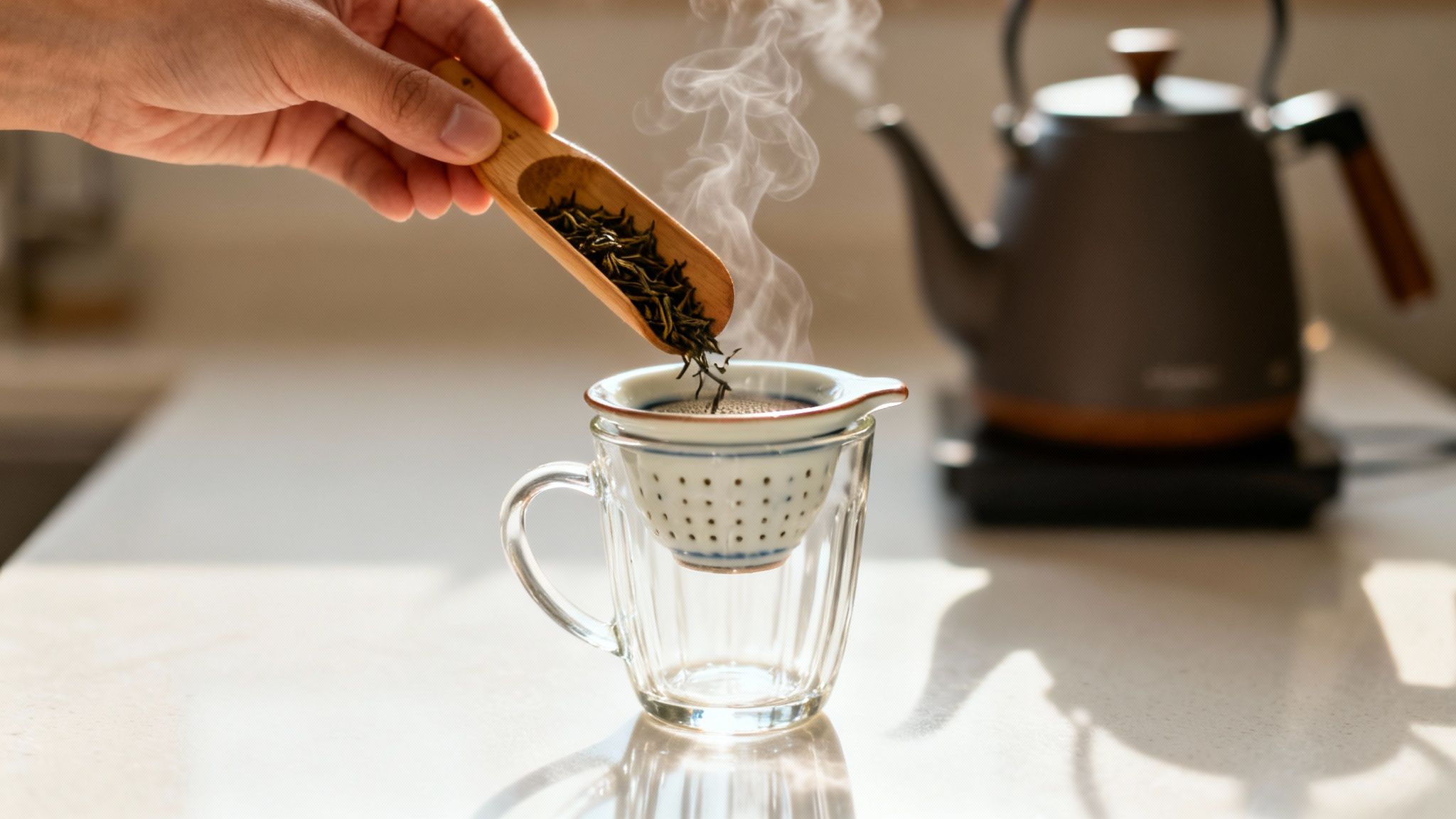 A hand pours loose leaf green tea from a wooden scoop into a white ceramic tea infuser for brewing.