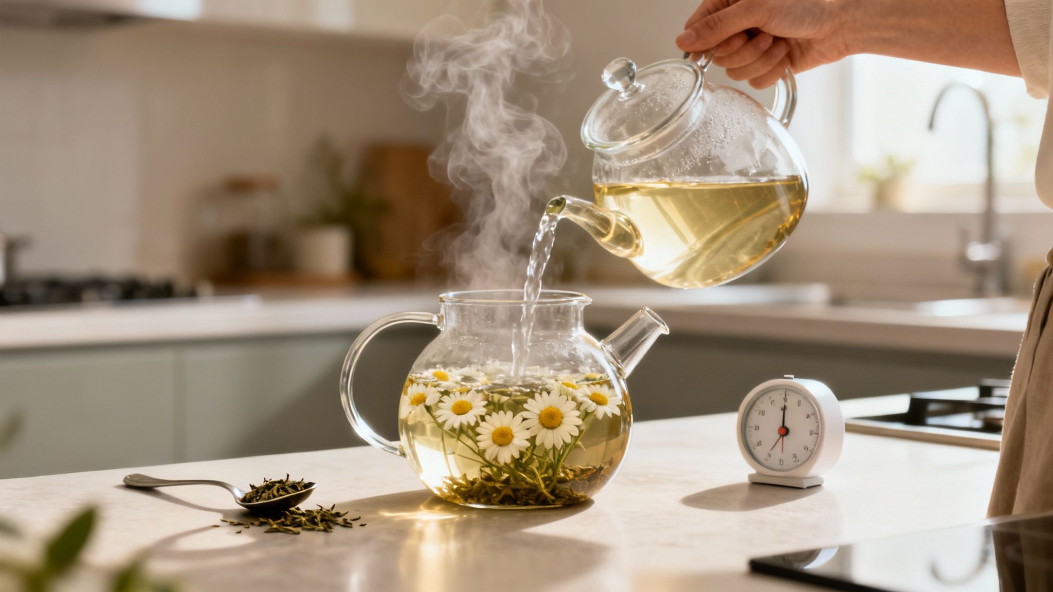 A hand pours hot water into a glass teapot with chamomile flowers and tea leaves, steaming in a bright kitchen.