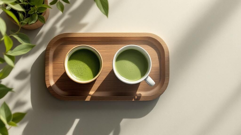 A spoonful of culinary matcha powder next to a baked green tea cake.