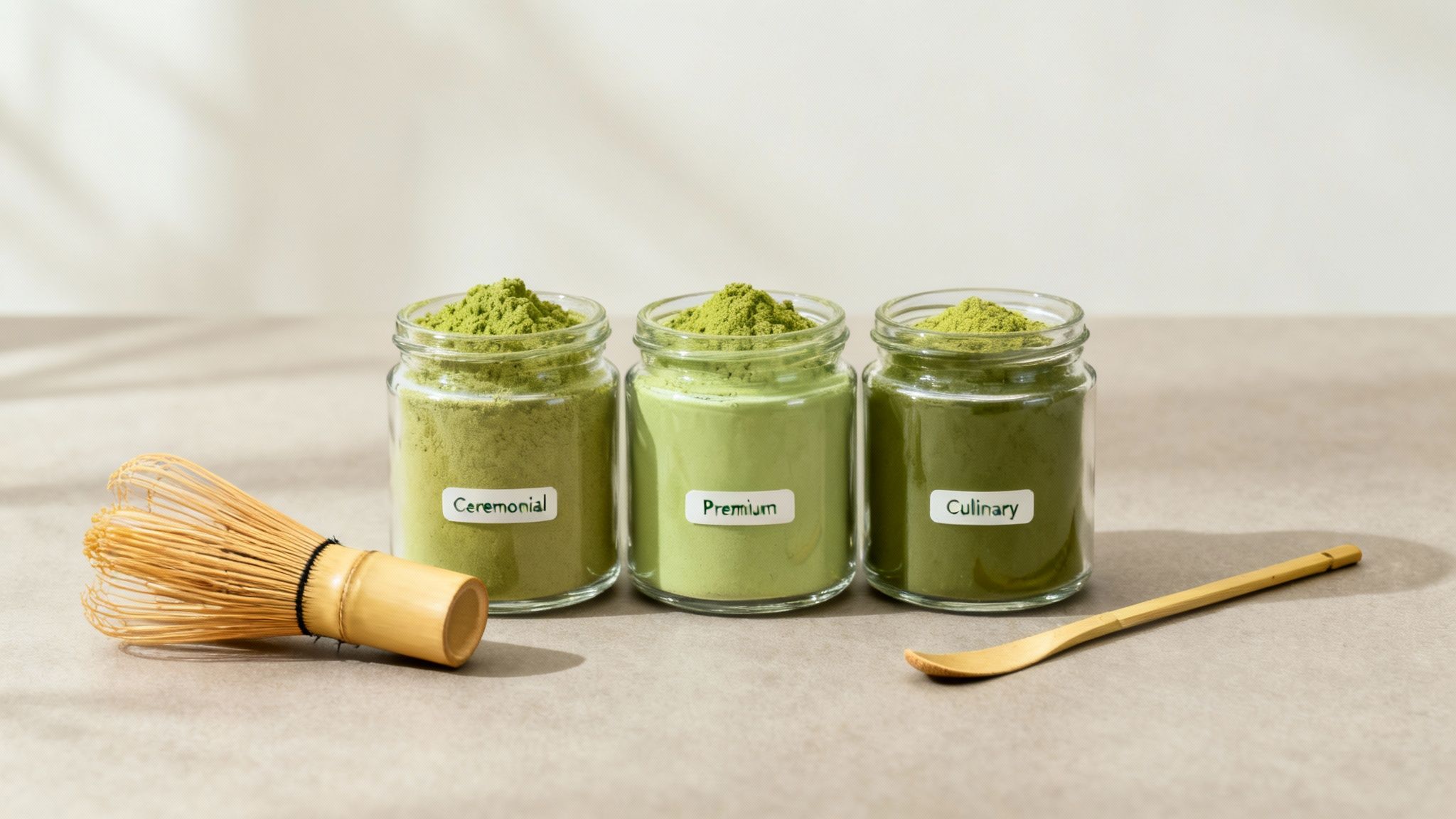 Three jars of ceremonial, premium, and culinary matcha powder with a bamboo whisk and spoon.