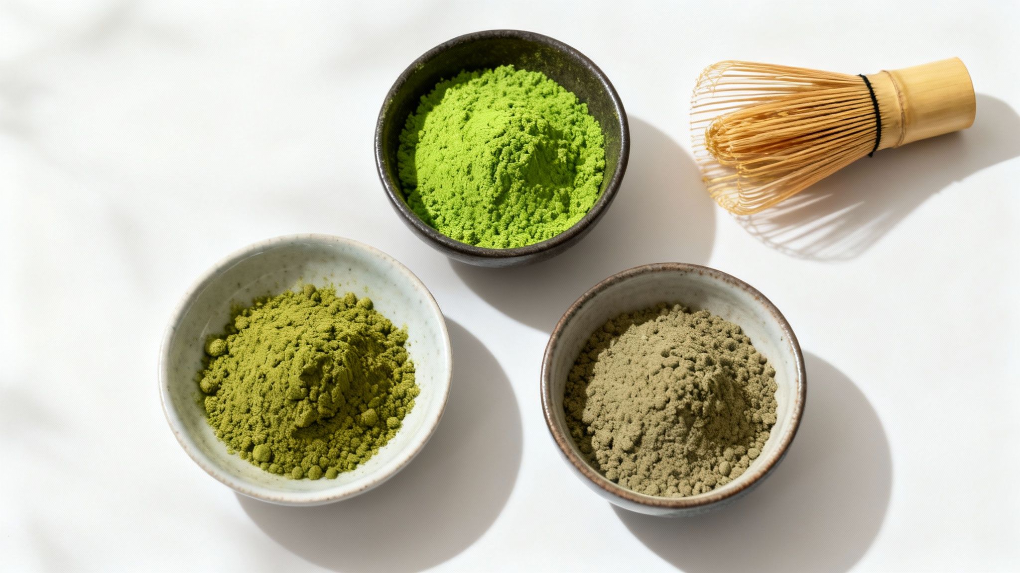 Various shades of green matcha powder in ceramic bowls with a traditional bamboo whisk.