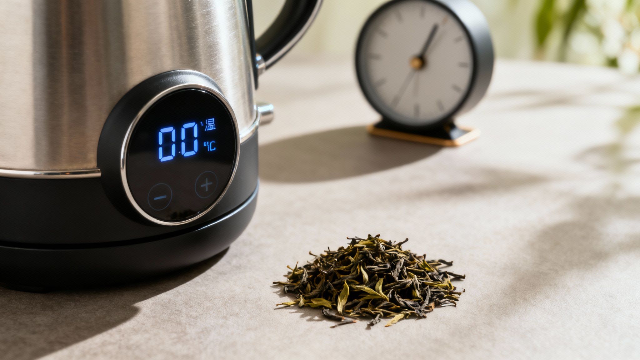 A close-up shot of a clear teapot infusing loose leaf tea, showing the leaves unfurling in the hot water.