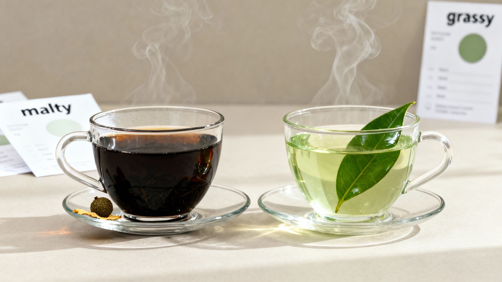 Two teacups, one with black tea and the other with green tea, are arranged on a rustic wooden table with loose tea leaves scattered around them.