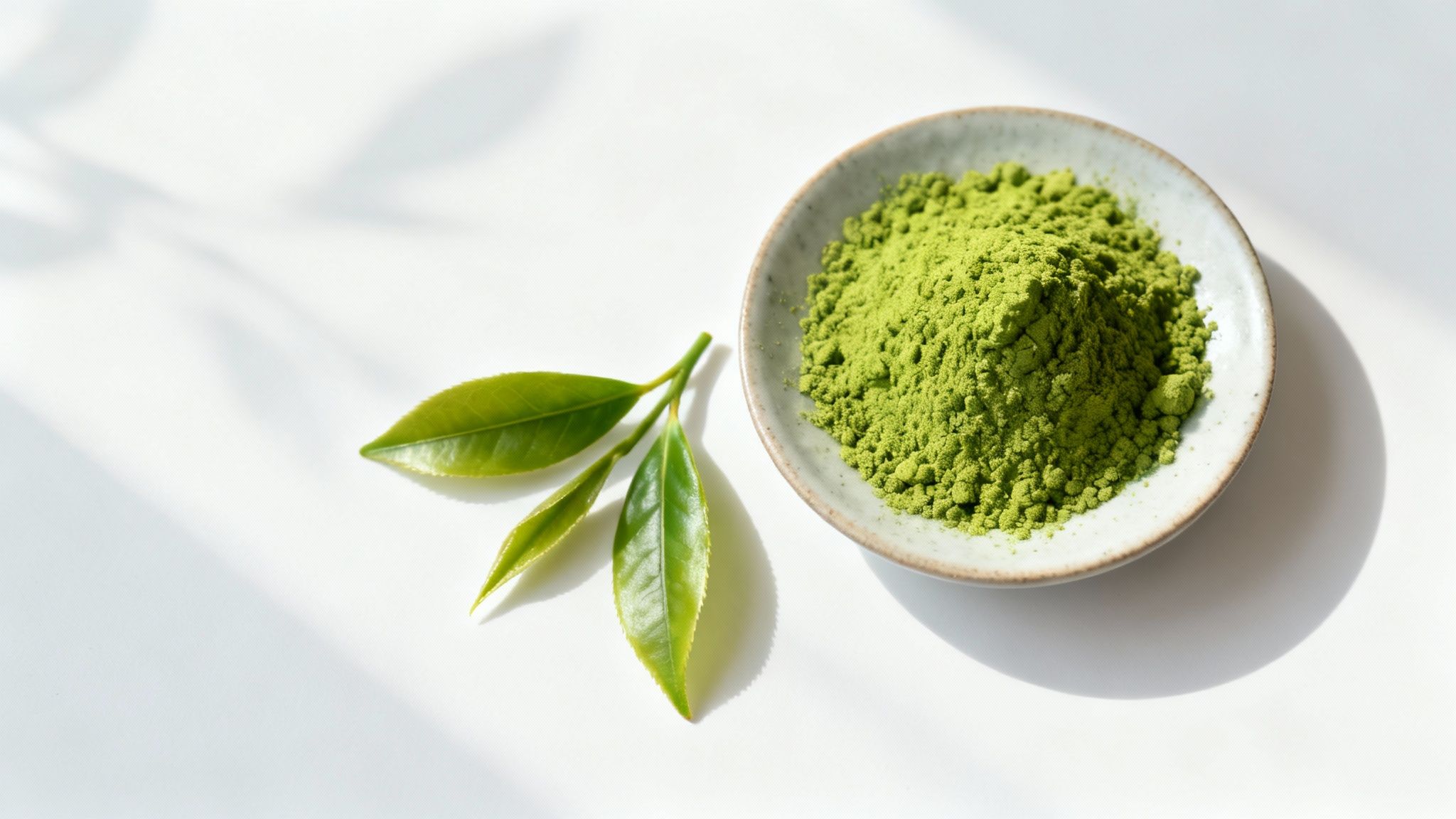 A bowl of vibrant green matcha powder with a bamboo whisk resting beside it, ready for preparation.