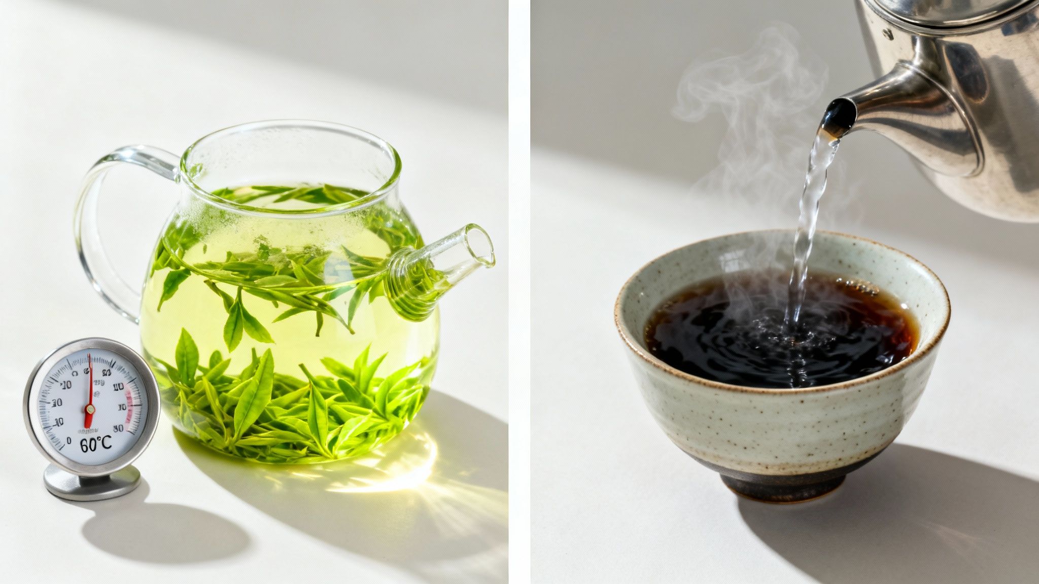 Two distinct tea preparations: green tea with leaves at 60°C, and hot water poured into dark tea.