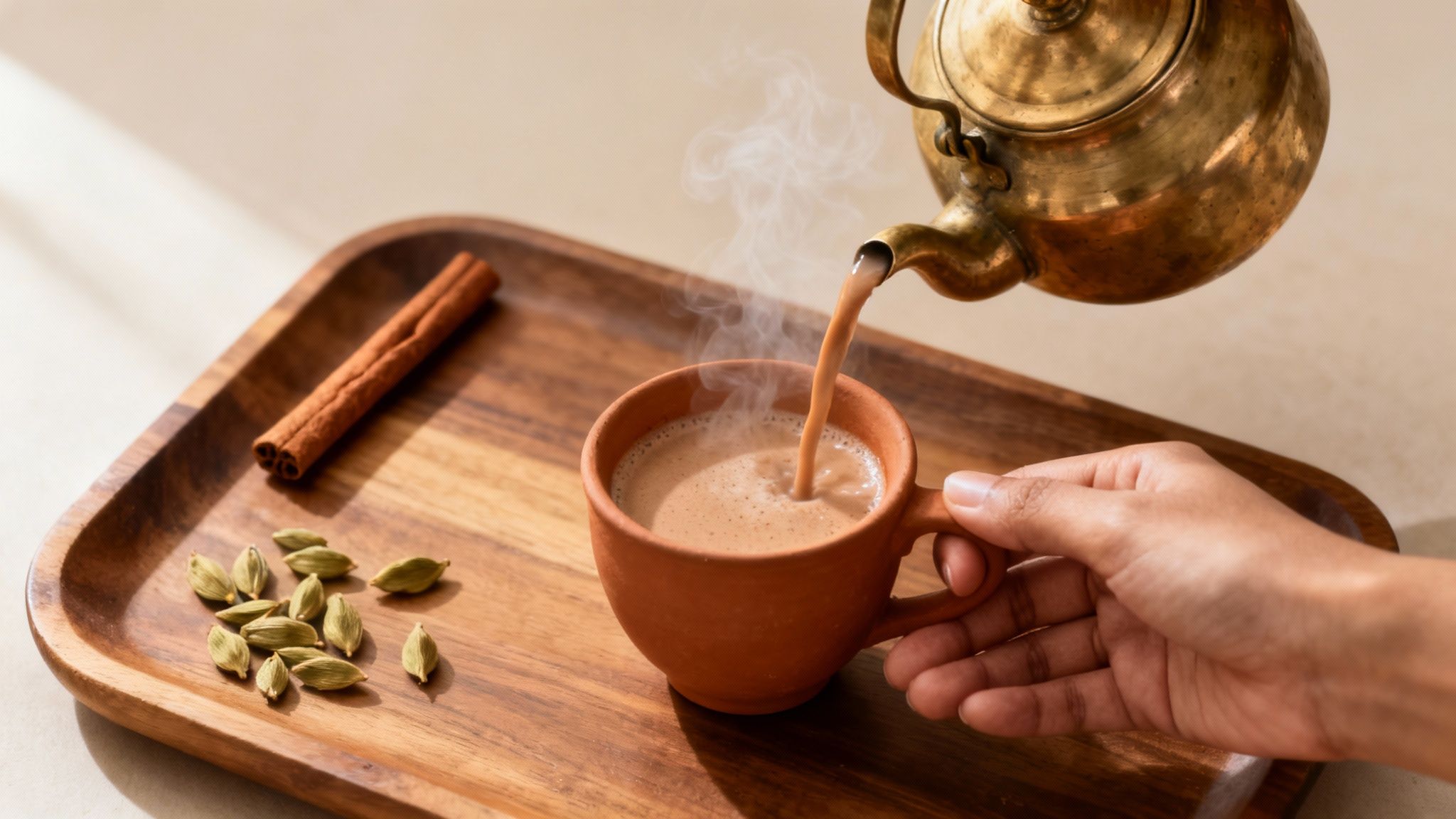 A hand pours steaming chai from a brass teapot into a terracotta cup on a wooden tray with cinnamon and cardamom.
