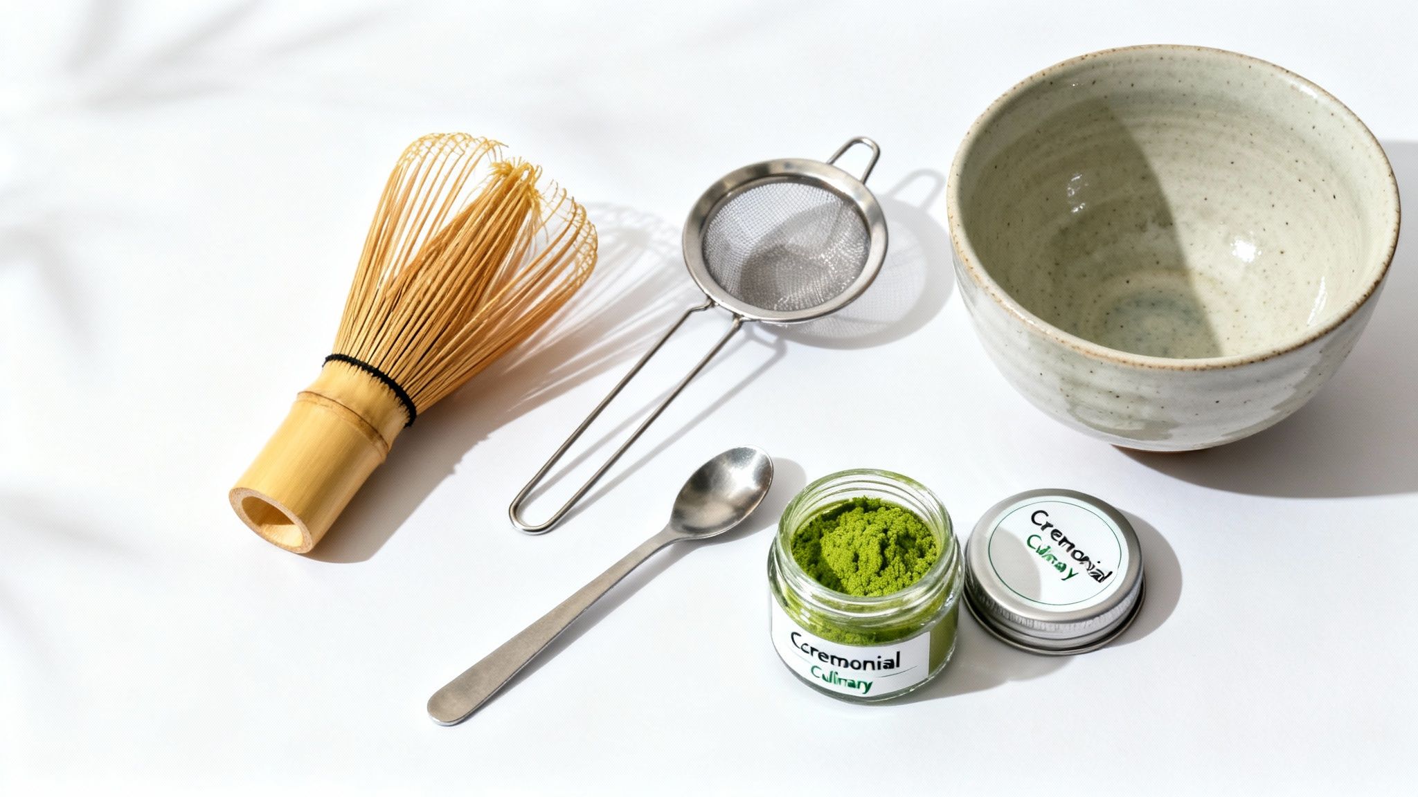 A top-down view of matcha preparation tools: a whisk, sieve, bowl, spoon, and matcha powder.