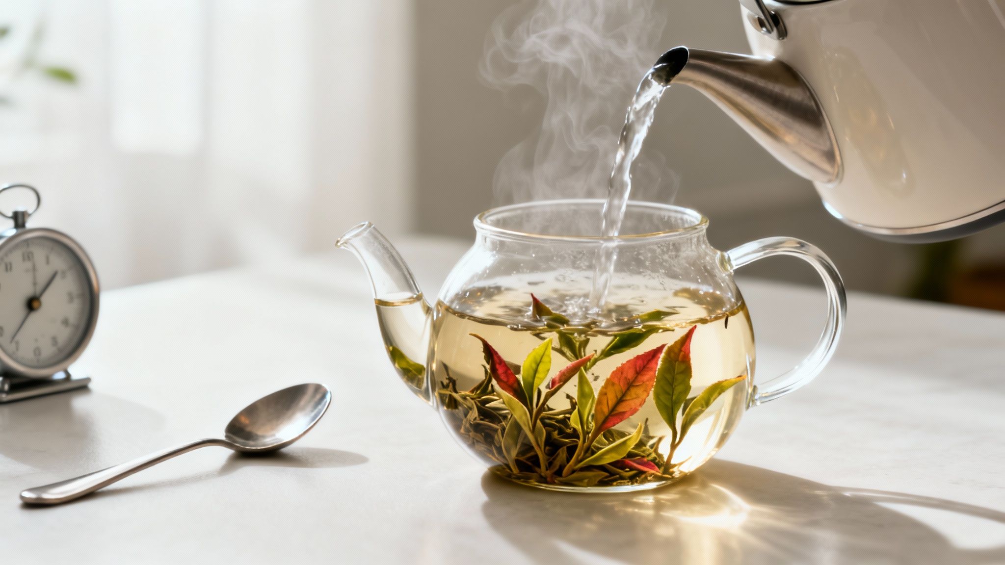 Hot water is poured into a clear glass teapot with colorful loose leaf tea, next to a spoon and clock.