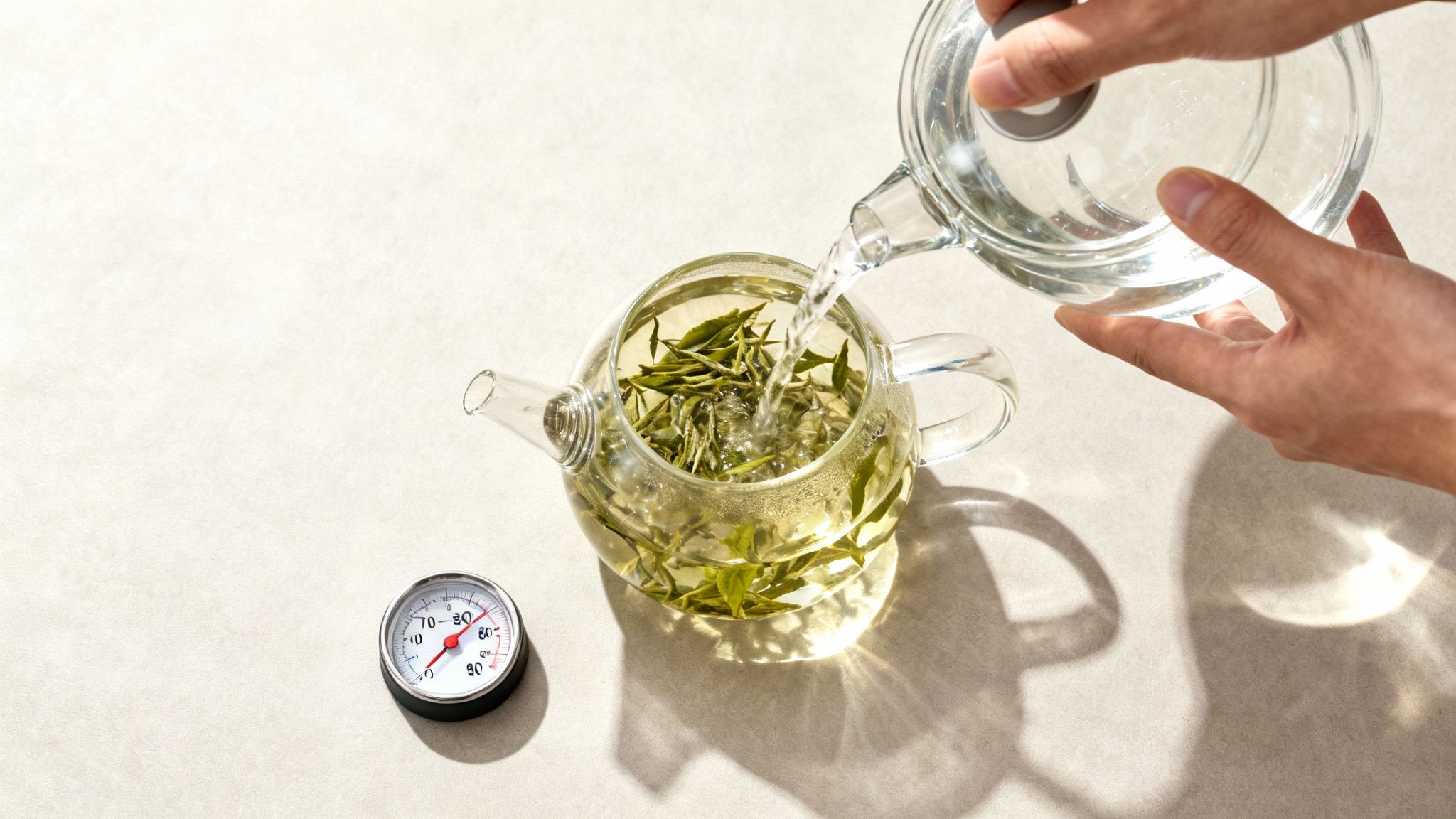 A traditional Japanese teapot pouring freshly brewed Sencha green tea into a small ceramic cup.