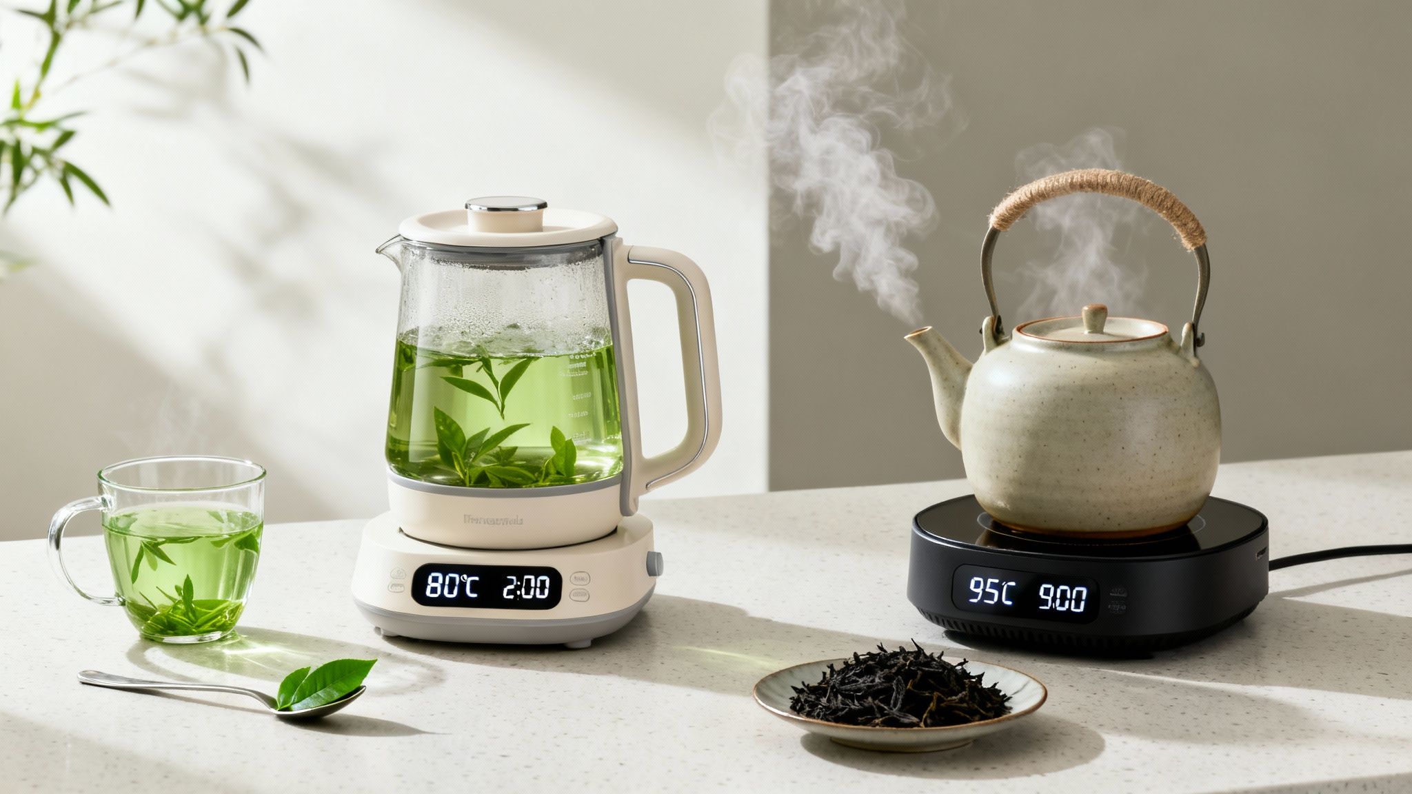 Green tea brewing in a modern electric kettle beside a steaming traditional black tea pot.