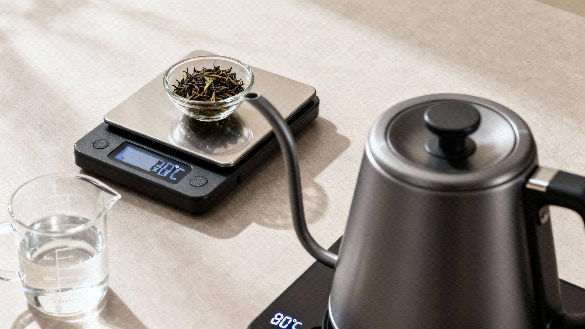 A person measuring loose tea leaves with a digital scale before brewing.