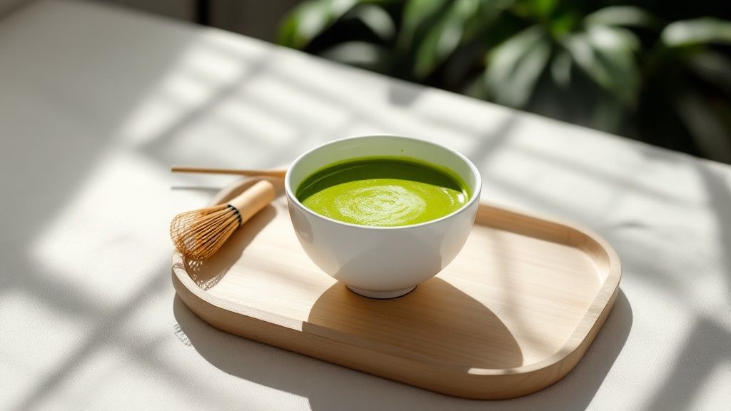 A person mindfully enjoying a bowl of matcha tea, looking calm and focused.
