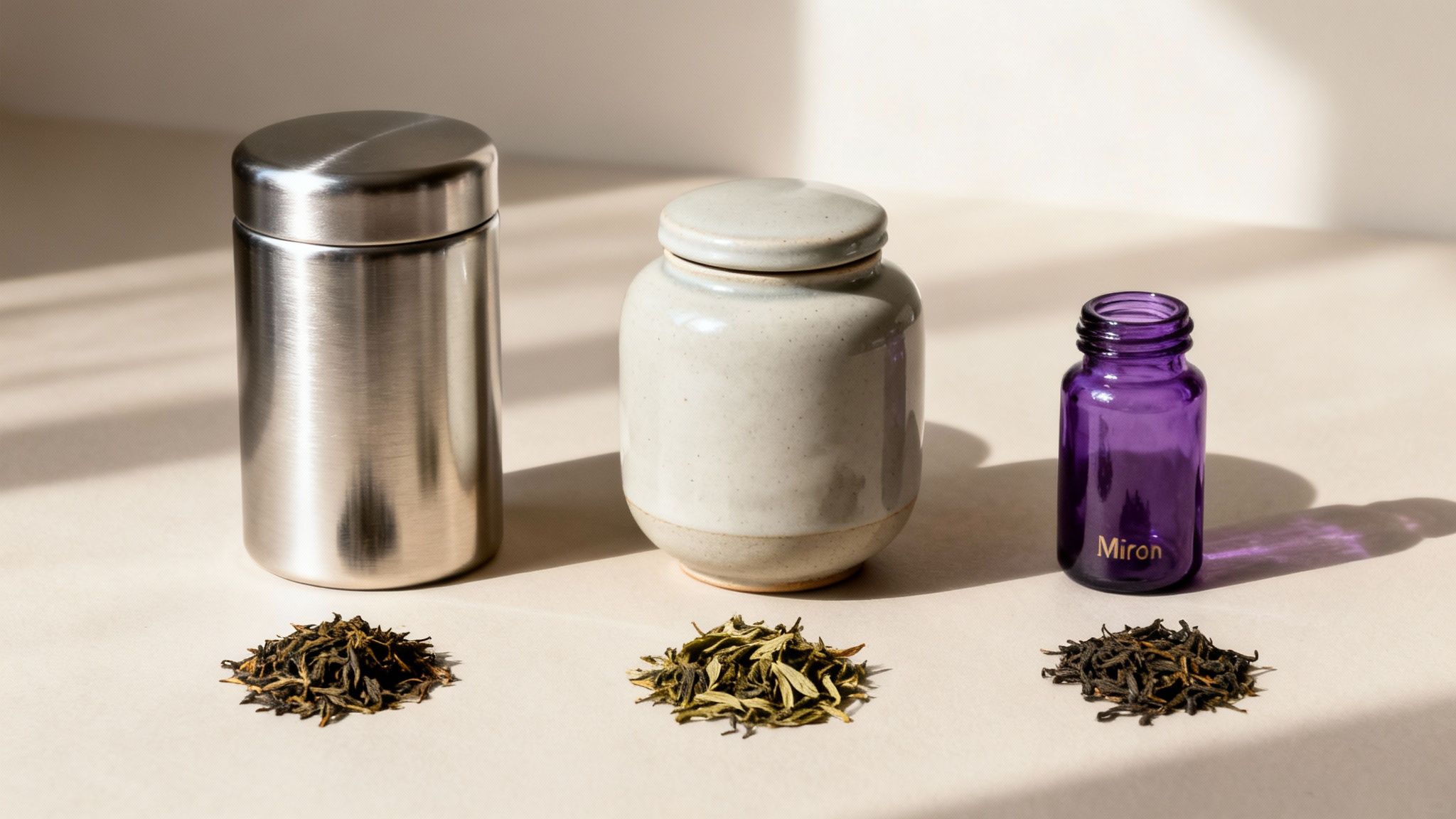 Three containers: stainless steel, ceramic jar, and purple Miron glass bottle, with piles of loose leaf tea.