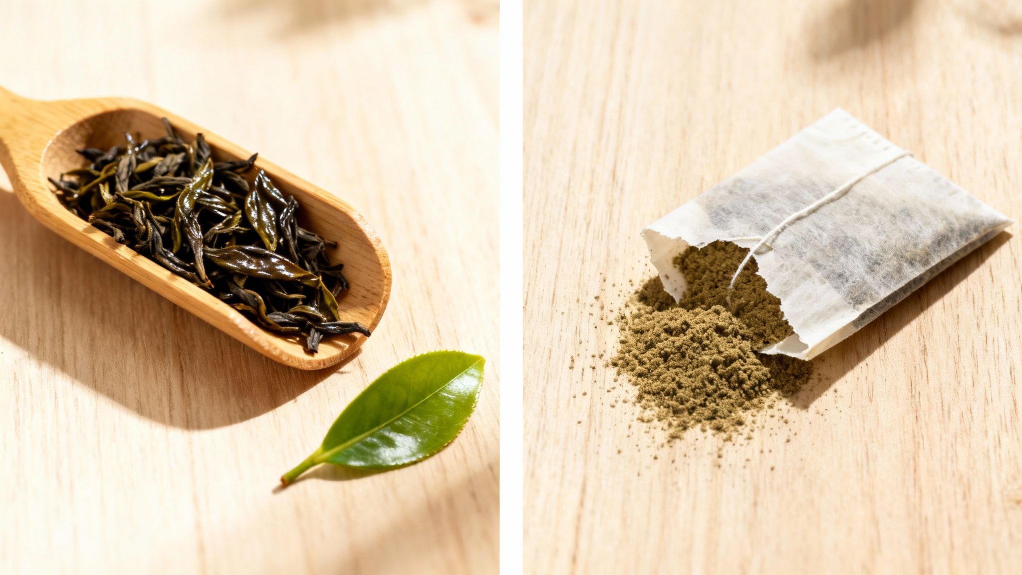 Close-up of vibrant, high-quality organic loose leaf tea leaves in a bowl.