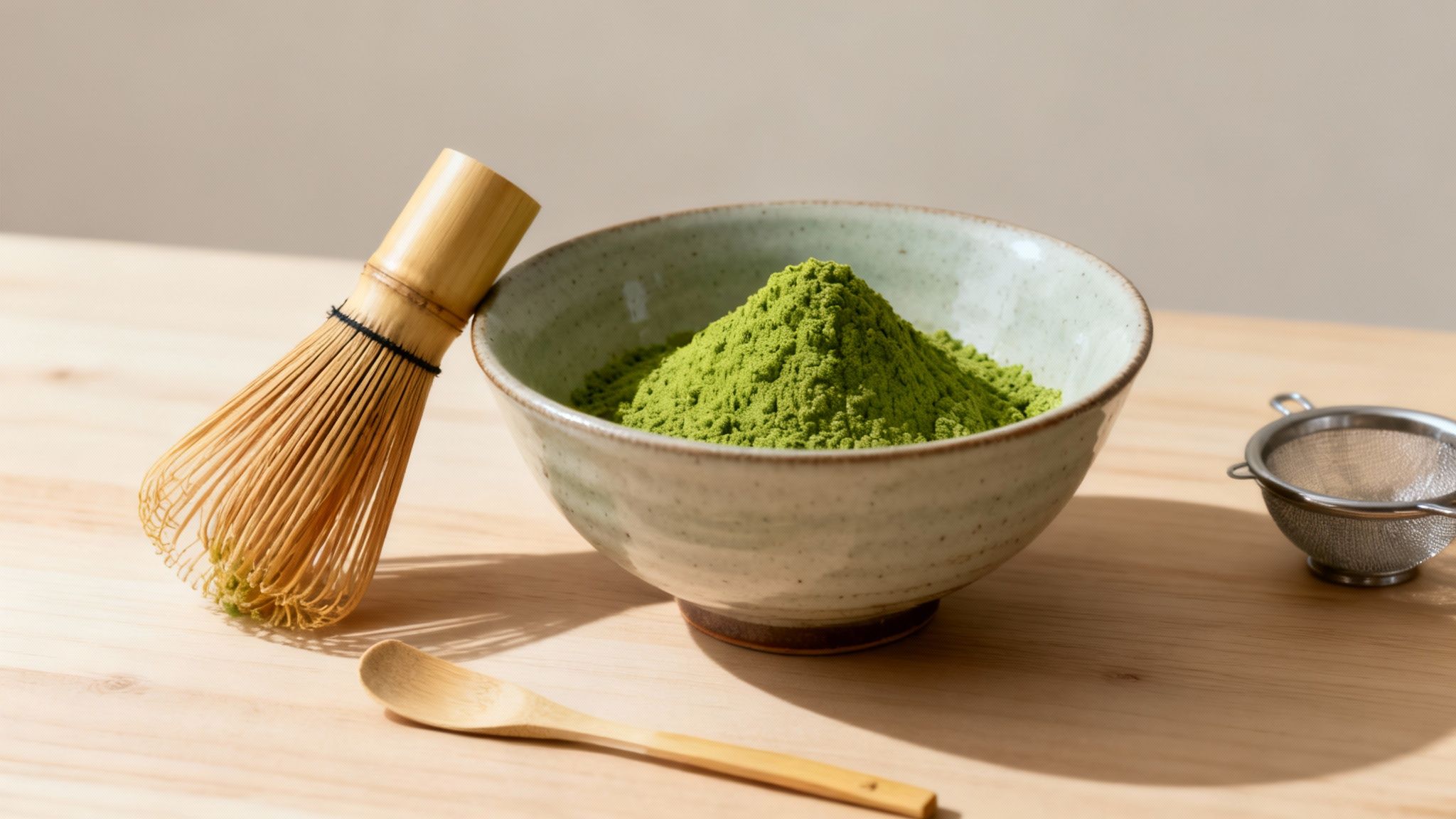 Matcha powder in a ceramic bowl with a bamboo whisk, spoon, and sifter for tea preparation.
