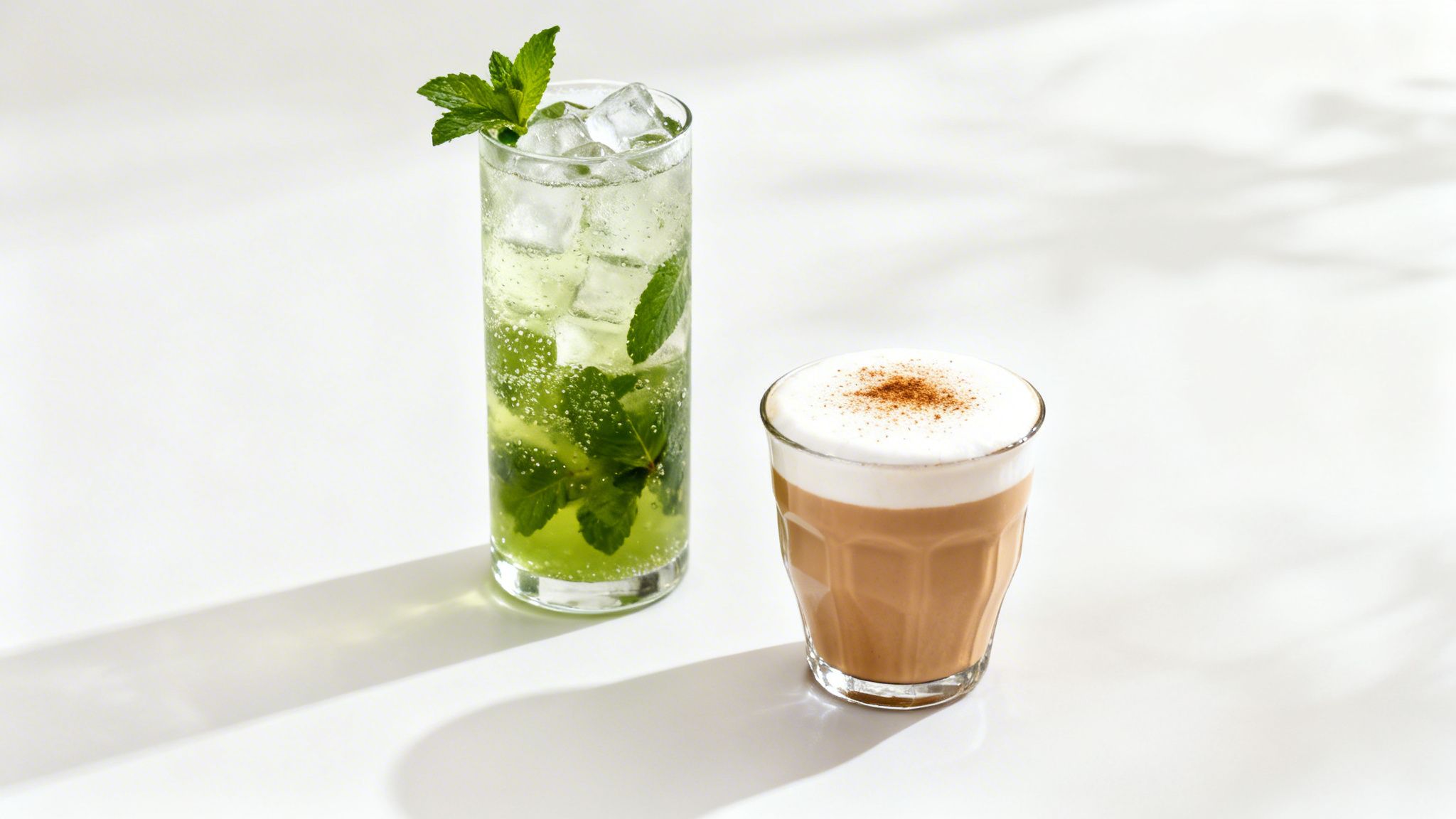 Two refreshing drinks: a green mint mojito with ice and a frothy coffee latte.