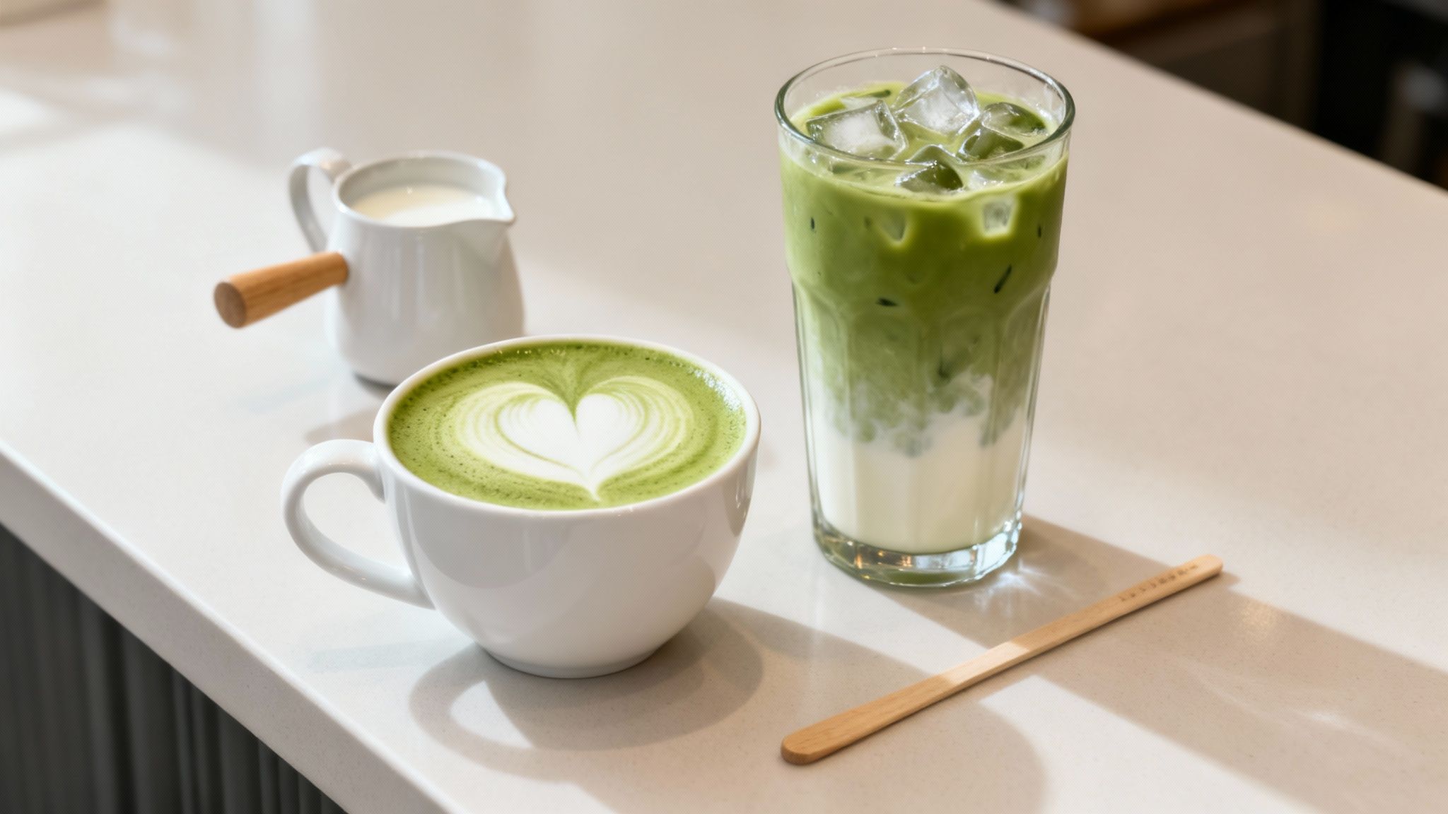 Two matcha drinks: a hot latte with heart art and an iced latte, on a counter.