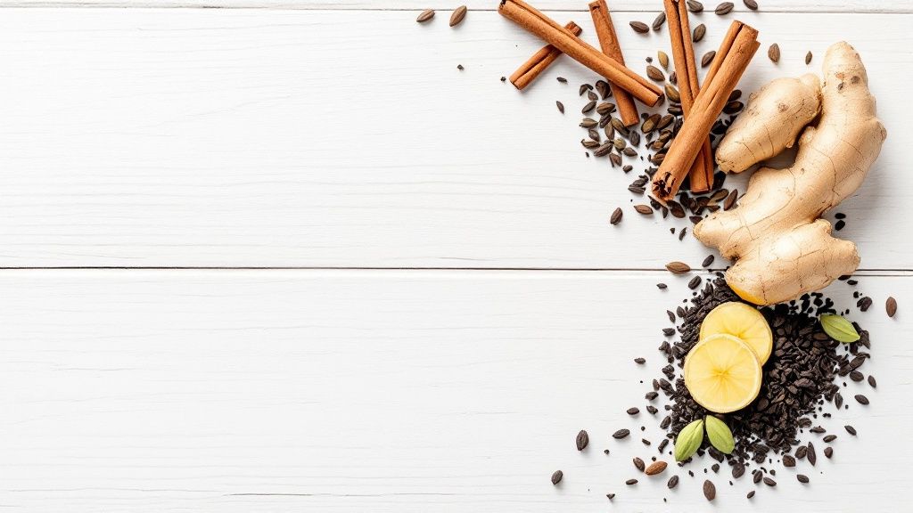 A warm cup of chai tea with spices around it.