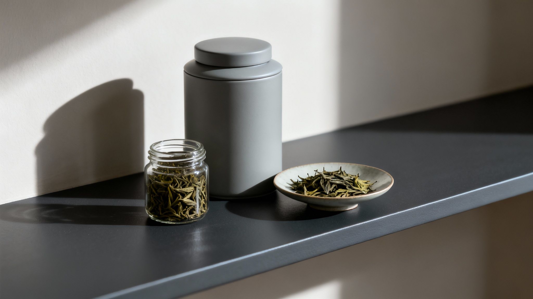 Loose leaf green tea in a glass jar, a grey ceramic tea canister, and a small dish on a dark shelf.