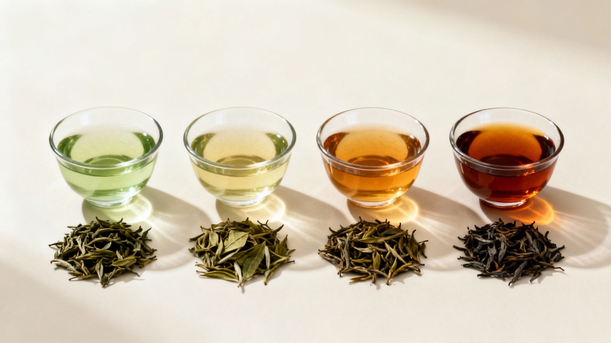 Four cups of different types of tea with corresponding loose leaves displayed on a light background.
