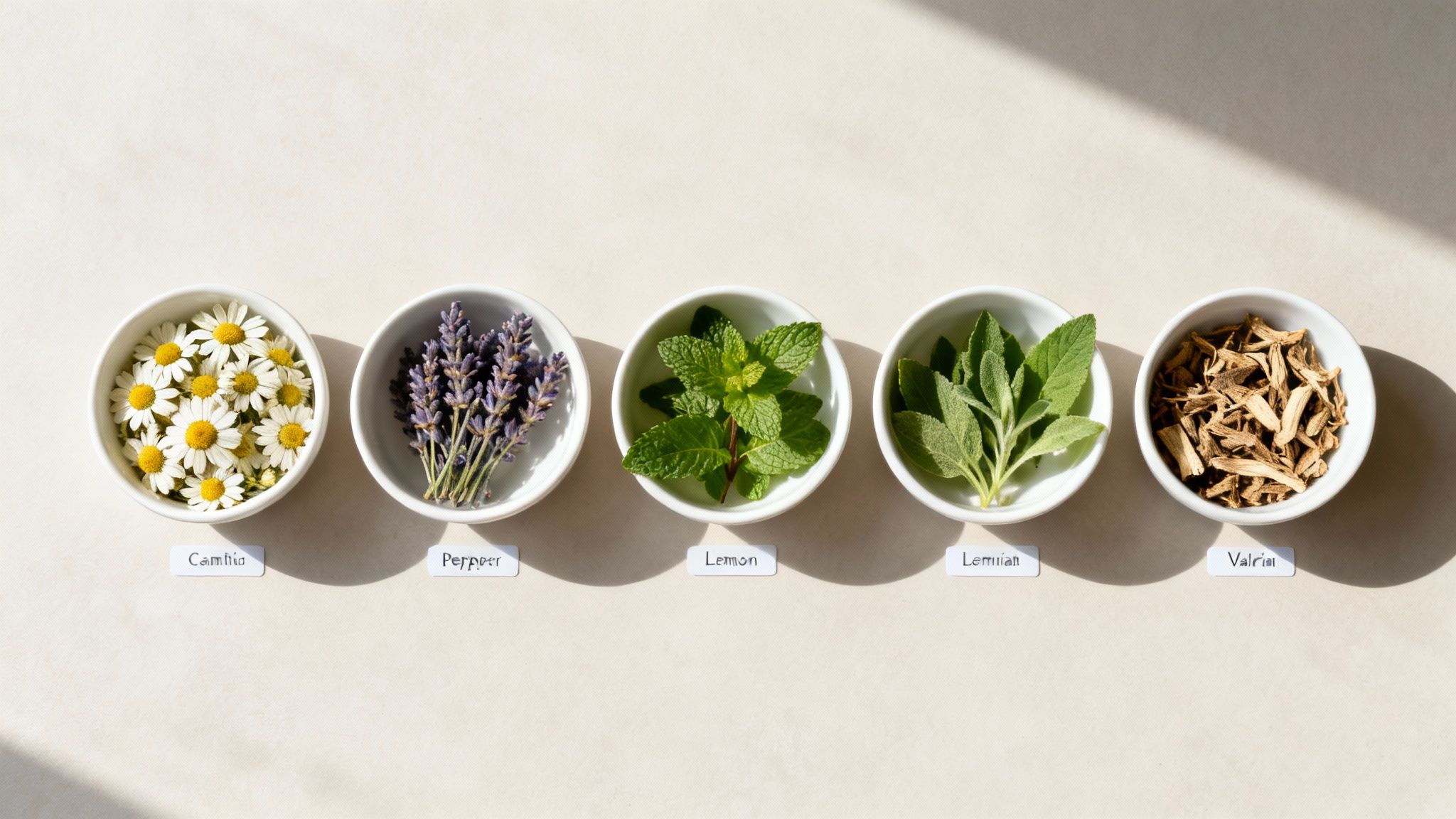 Several types of dried loose-leaf relaxing teas in small bowls, including chamomile flowers, peppermint leaves, and lavender buds.