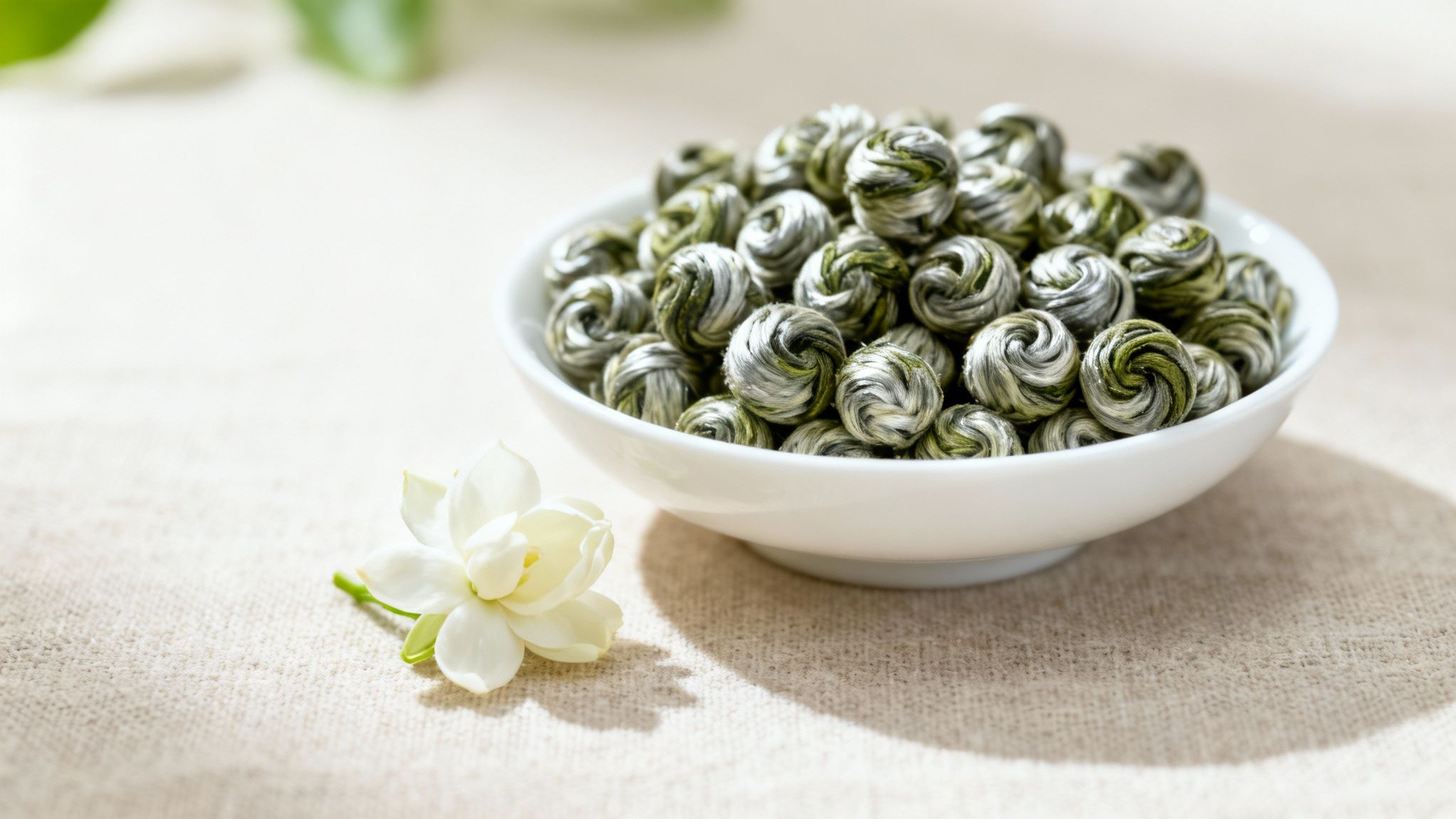 Delicate jasmine pearl teas unfurling in a cup