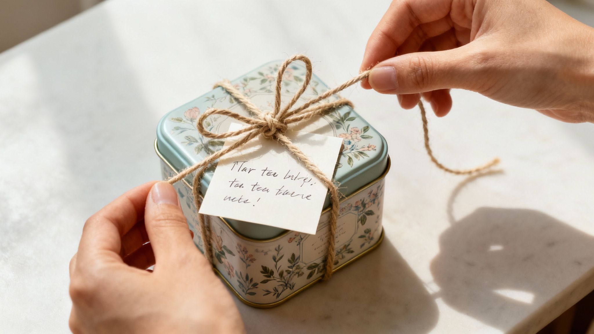 A beautifully wrapped tea gift with a handwritten note and decorative ribbon.