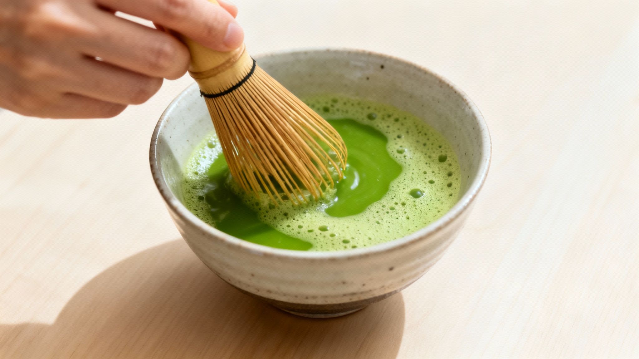 A person whisking vibrant green matcha in a traditional chawan, creating a frothy layer.