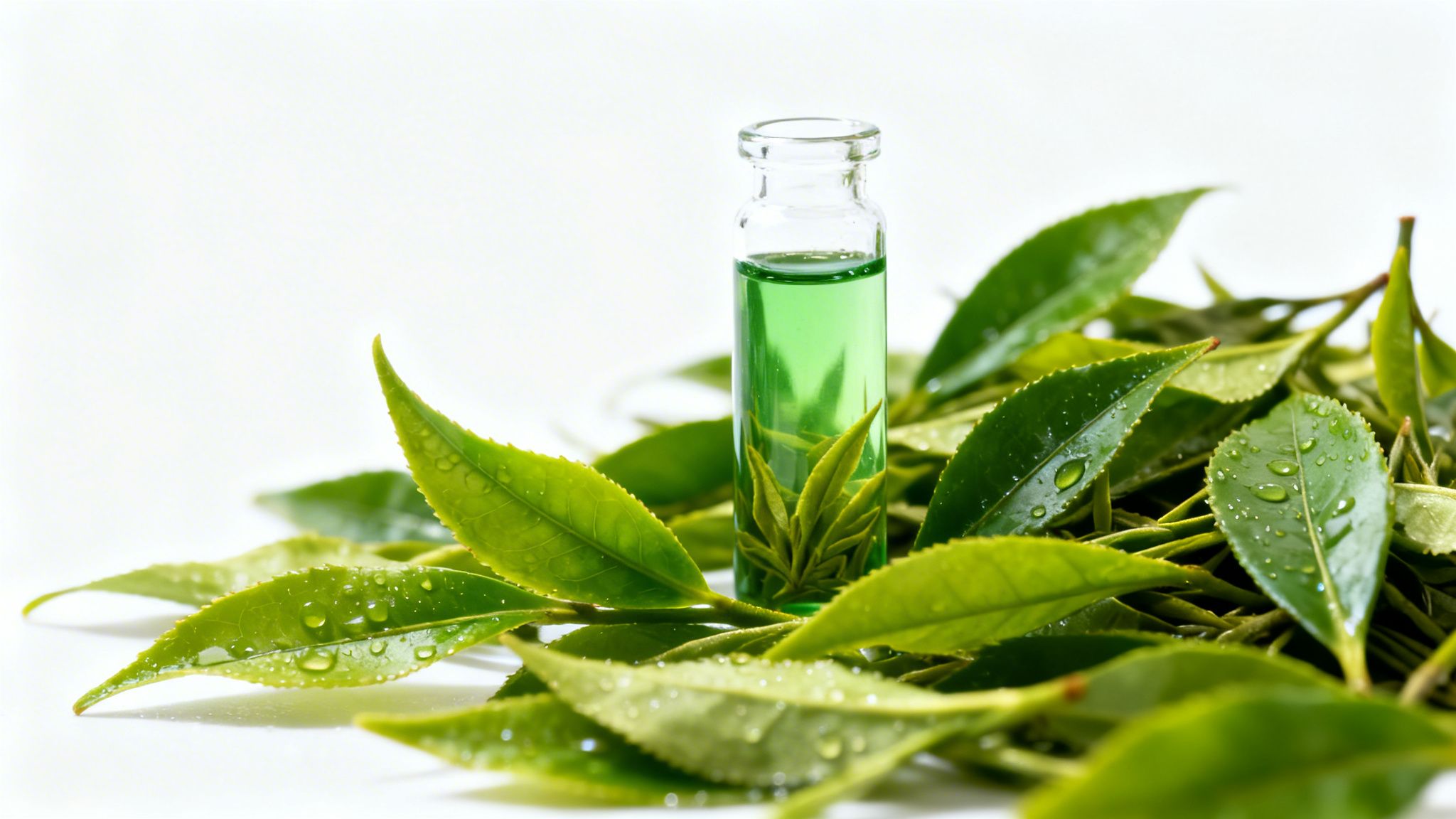 Fresh green tea leaves with water droplets surround a glass vial of green tea extract.