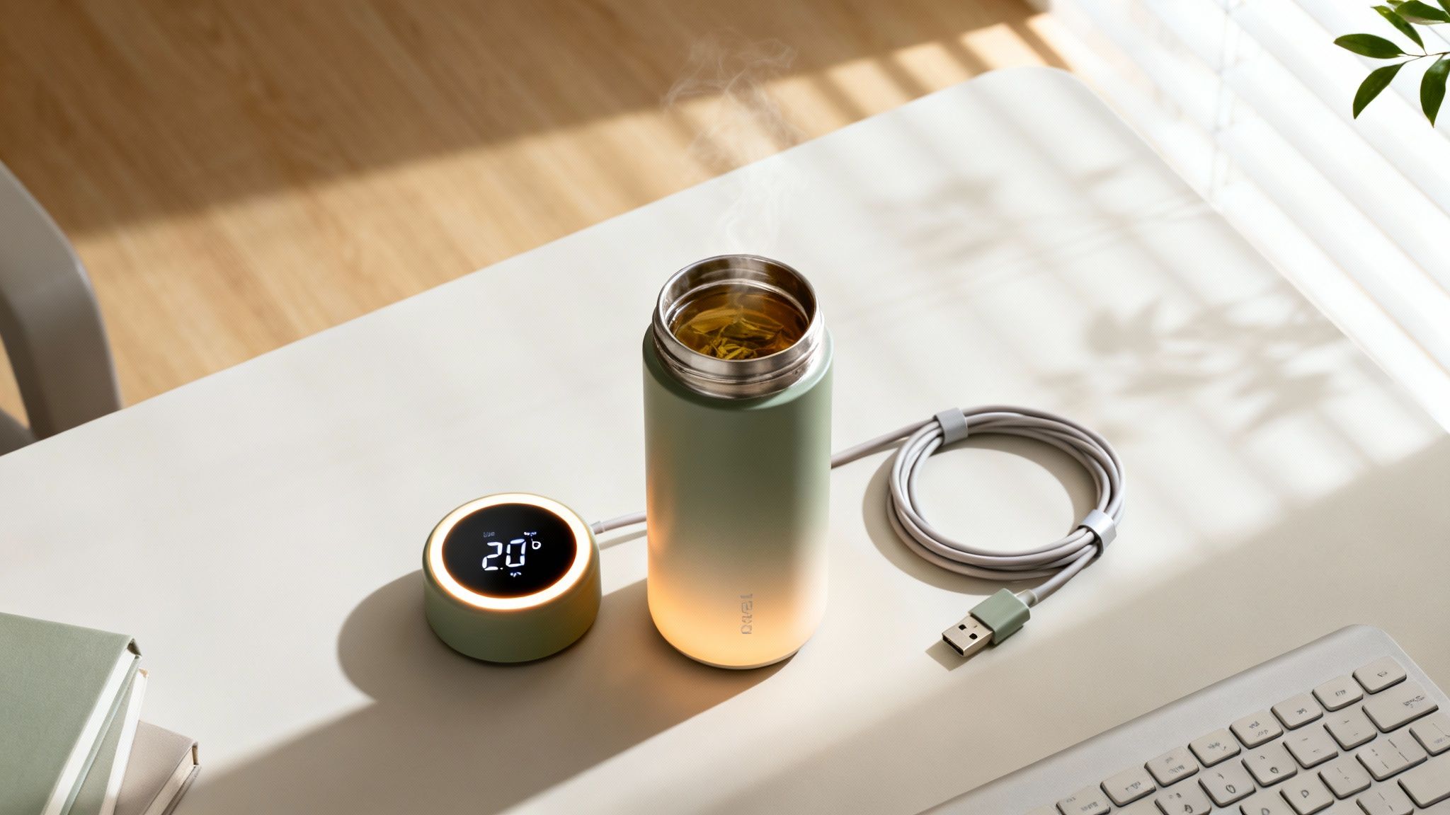 A sleek heated travel mug on a desk next to a laptop, glowing softly to indicate its temperature.