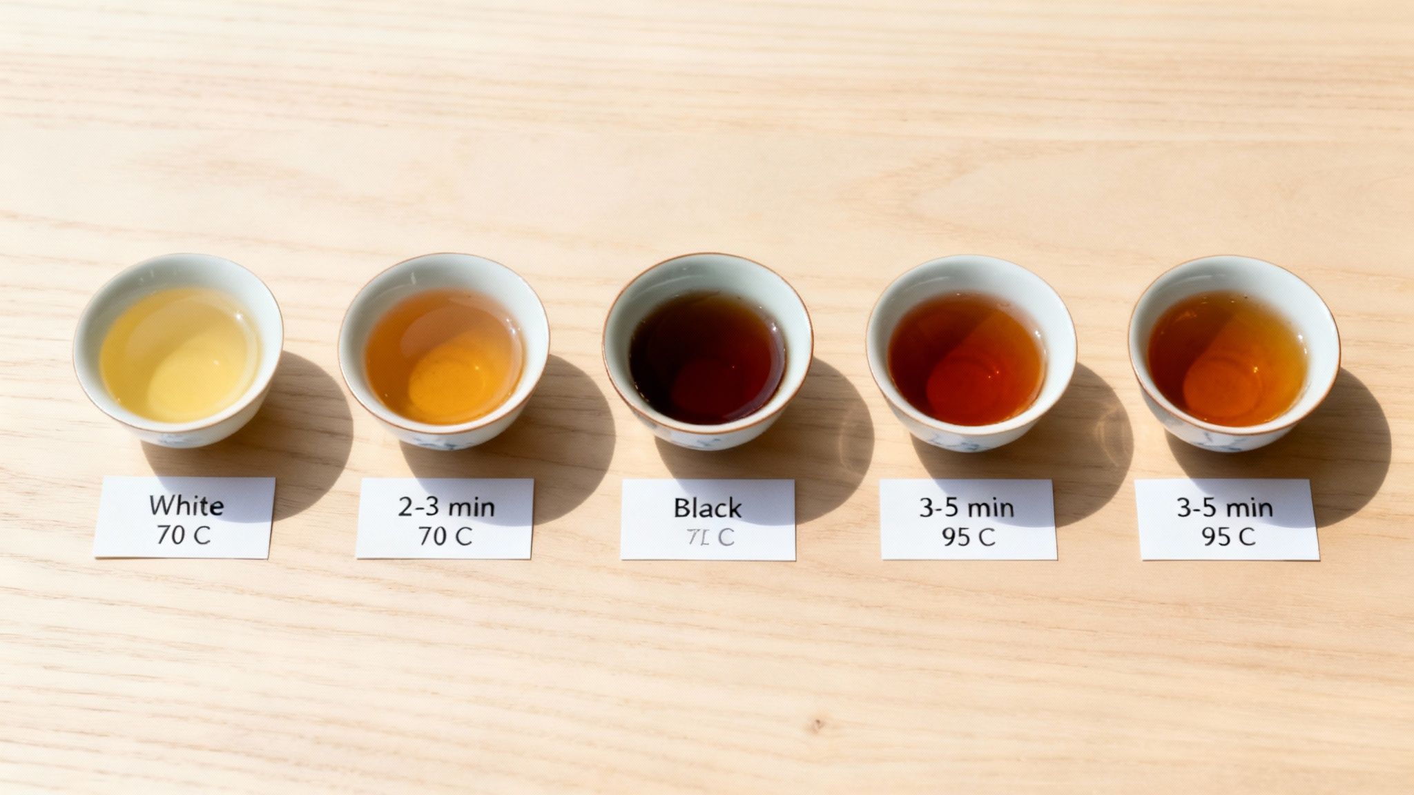 Five tea cups display different tea types, brewing times, and temperatures on a light wooden table.