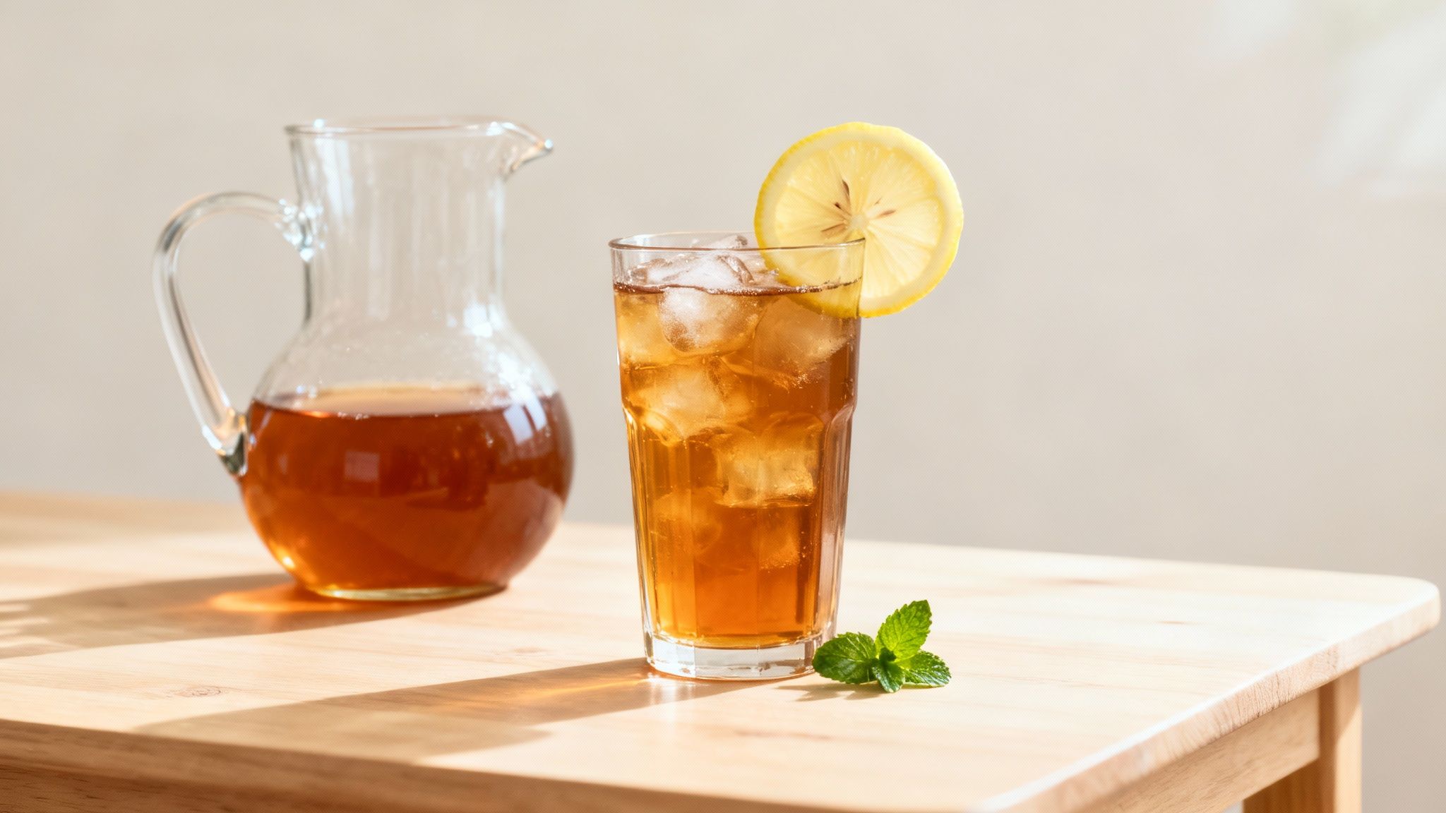 A refreshing glass of homemade iced tea garnished with lemon slices and mint.