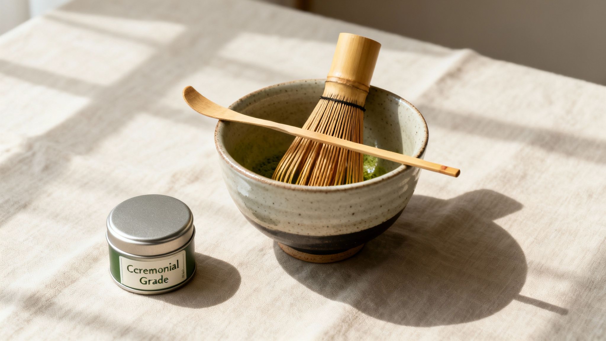 Close-up of a matcha tea bowl with a bamboo whisk and scoop, beside a ceremonial grade tin.