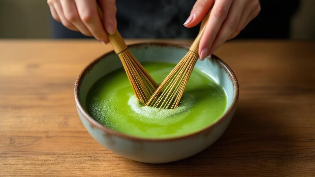 A vibrant matcha latte with intricate latte art swirled on top, next to a small bowl of premium matcha powder.