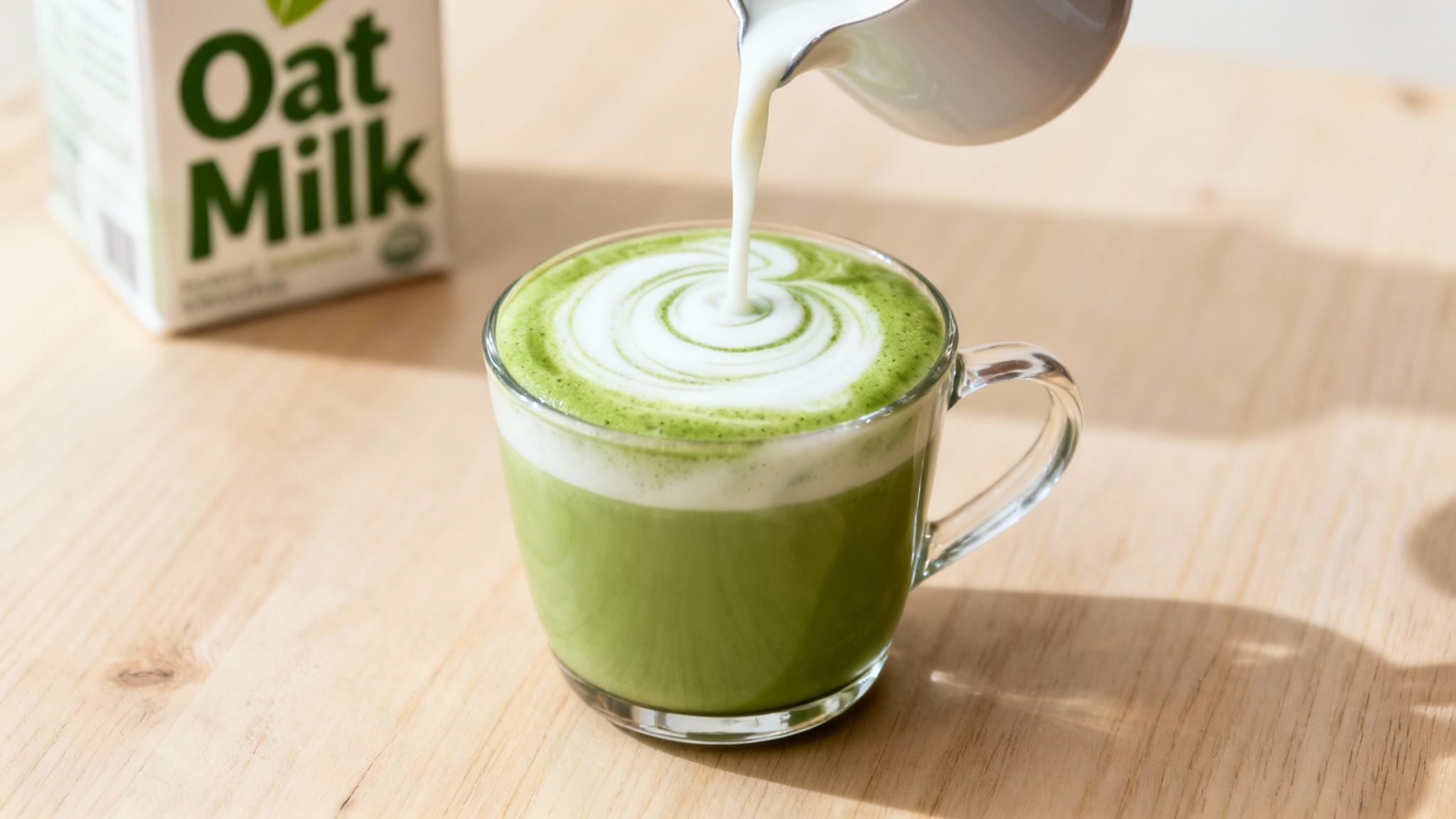 A hand pours oat milk into a vibrant green matcha latte, creating latte art, with an oat milk carton nearby.