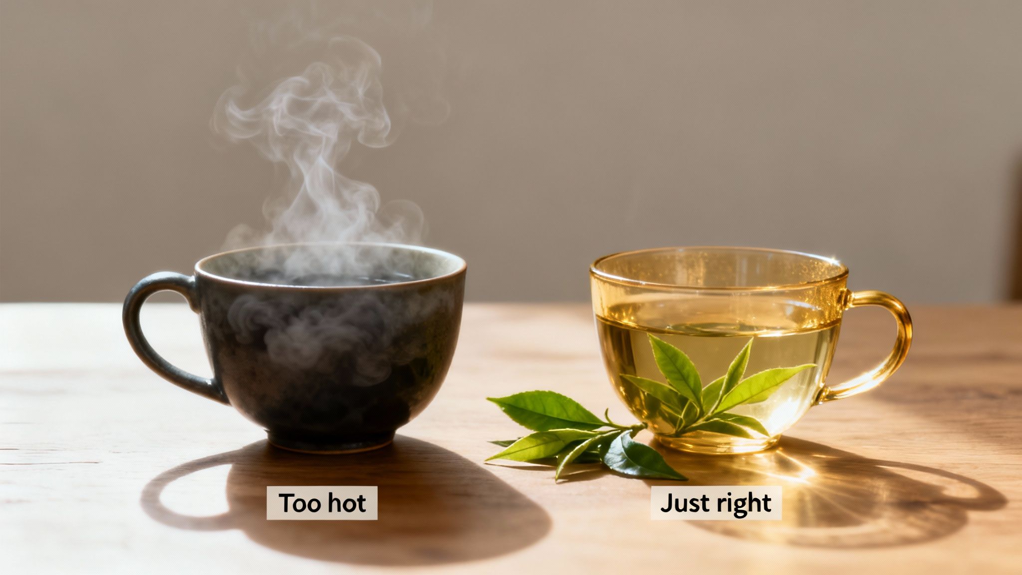Two cups of tea on a table, one steaming hot and one with tea leaves, illustrating ideal temperatures for brewing.
