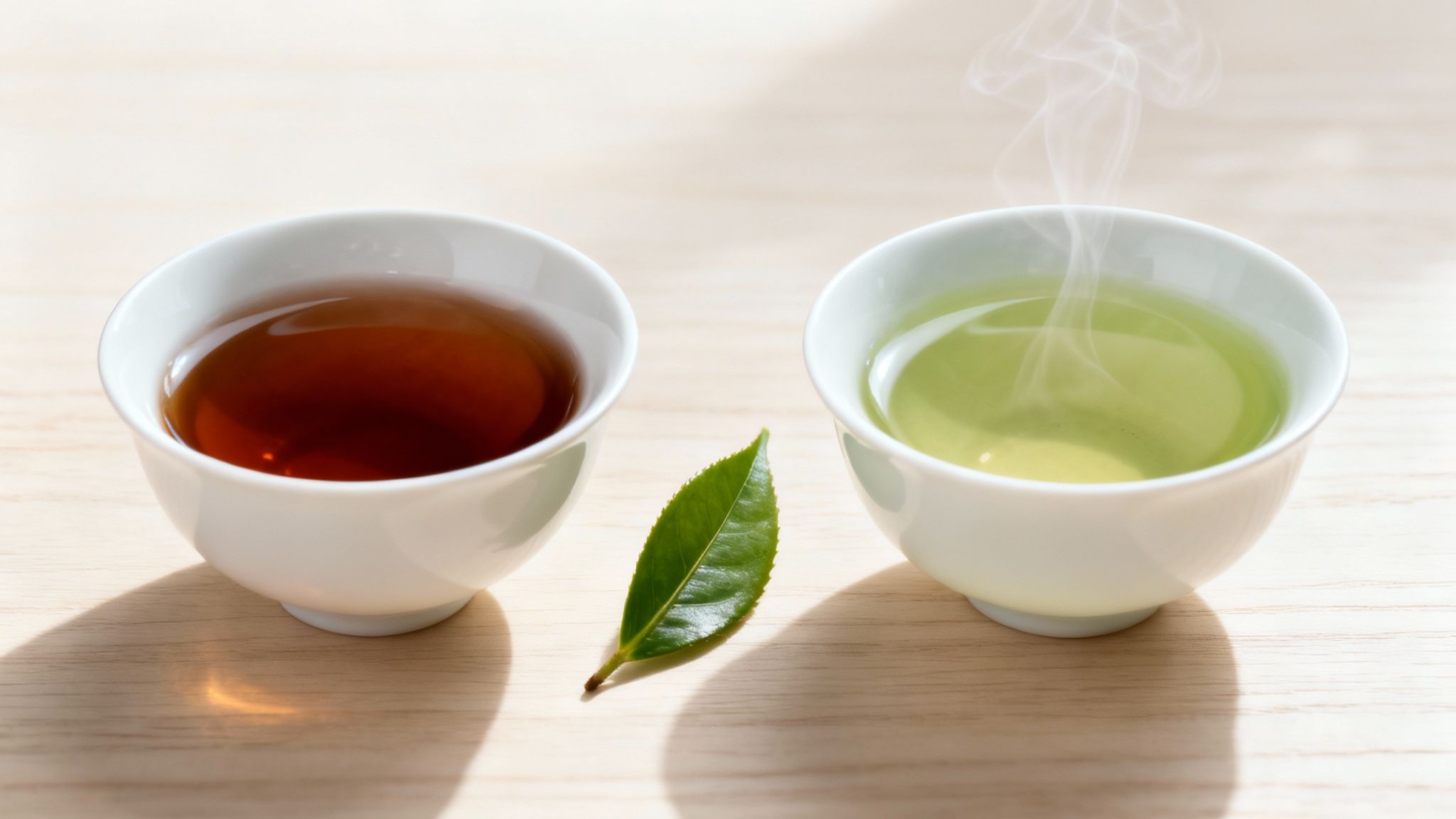 Two cups of tea, one black and one steaming green, with a fresh tea leaf on a wooden table.