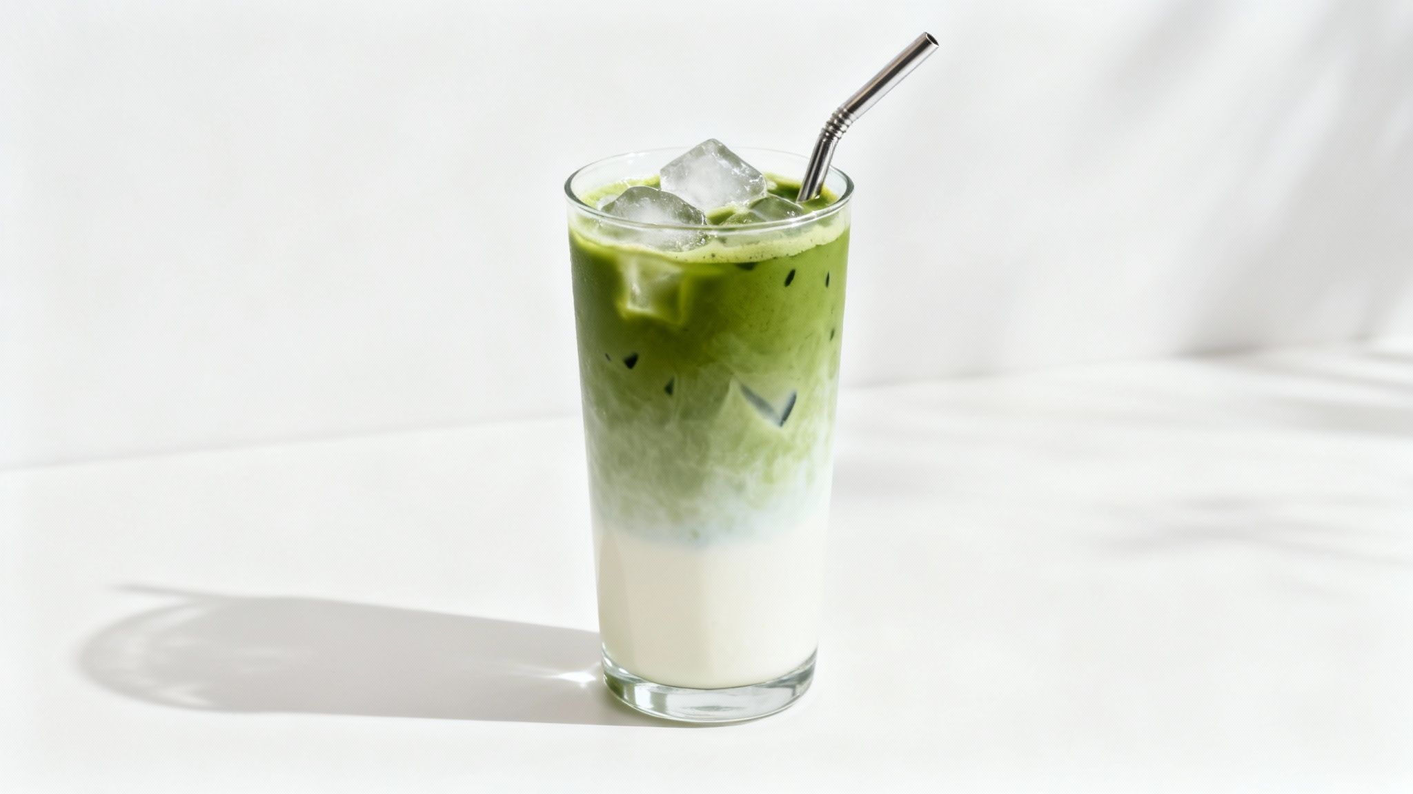 A person pouring milk into a glass with an iced matcha latte, creating a beautiful layered effect.