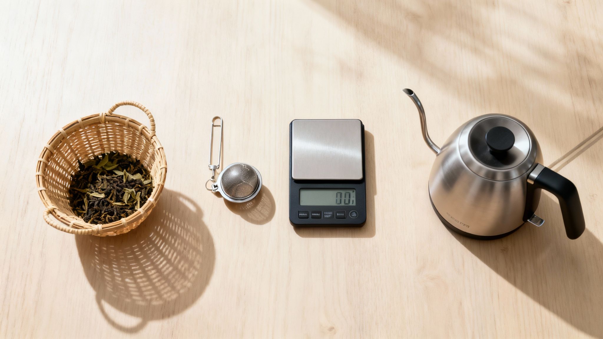 A flat lay of loose leaf tea in a basket, an infuser, a digital scale, and a gooseneck kettle.
